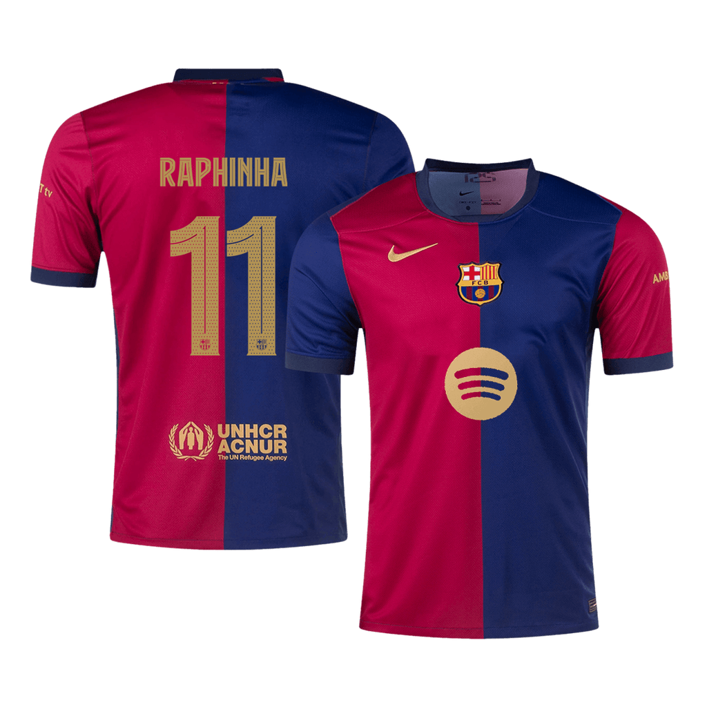 RAPHINHA #11 Barcelona Home Football Shirt 2024/25 Red&Blue - UCL (Spotify Logo Without Text)