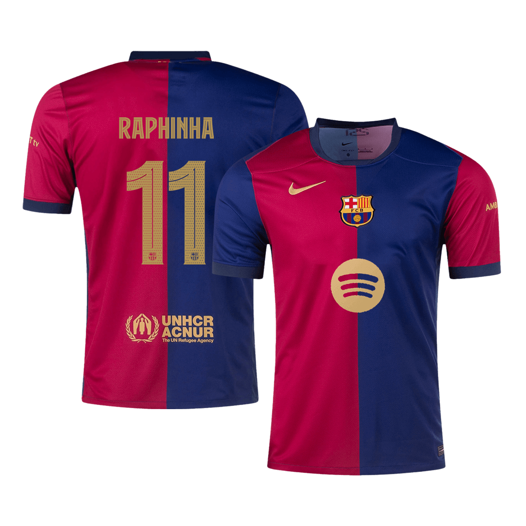 RAPHINHA #11 Barcelona Home Football Shirt 2024/25 Red&Blue - UCL (Spotify Logo Without Text)