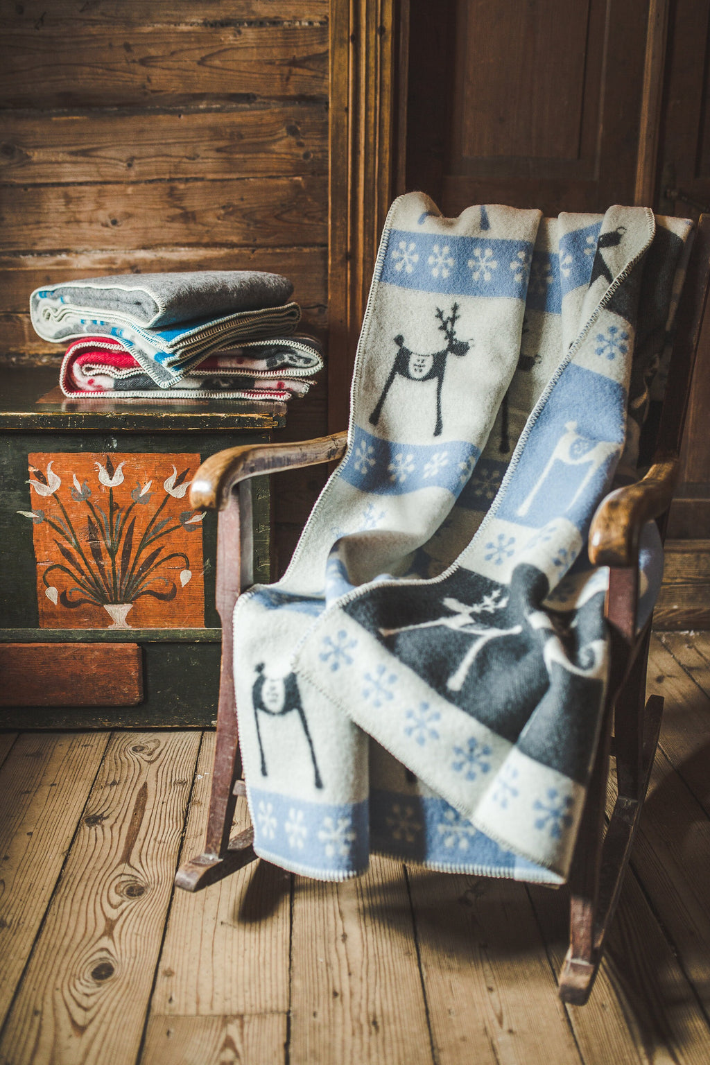 Christmas Deer Wool Blanket: Reversible Plaid Throw, New Zealand Wool