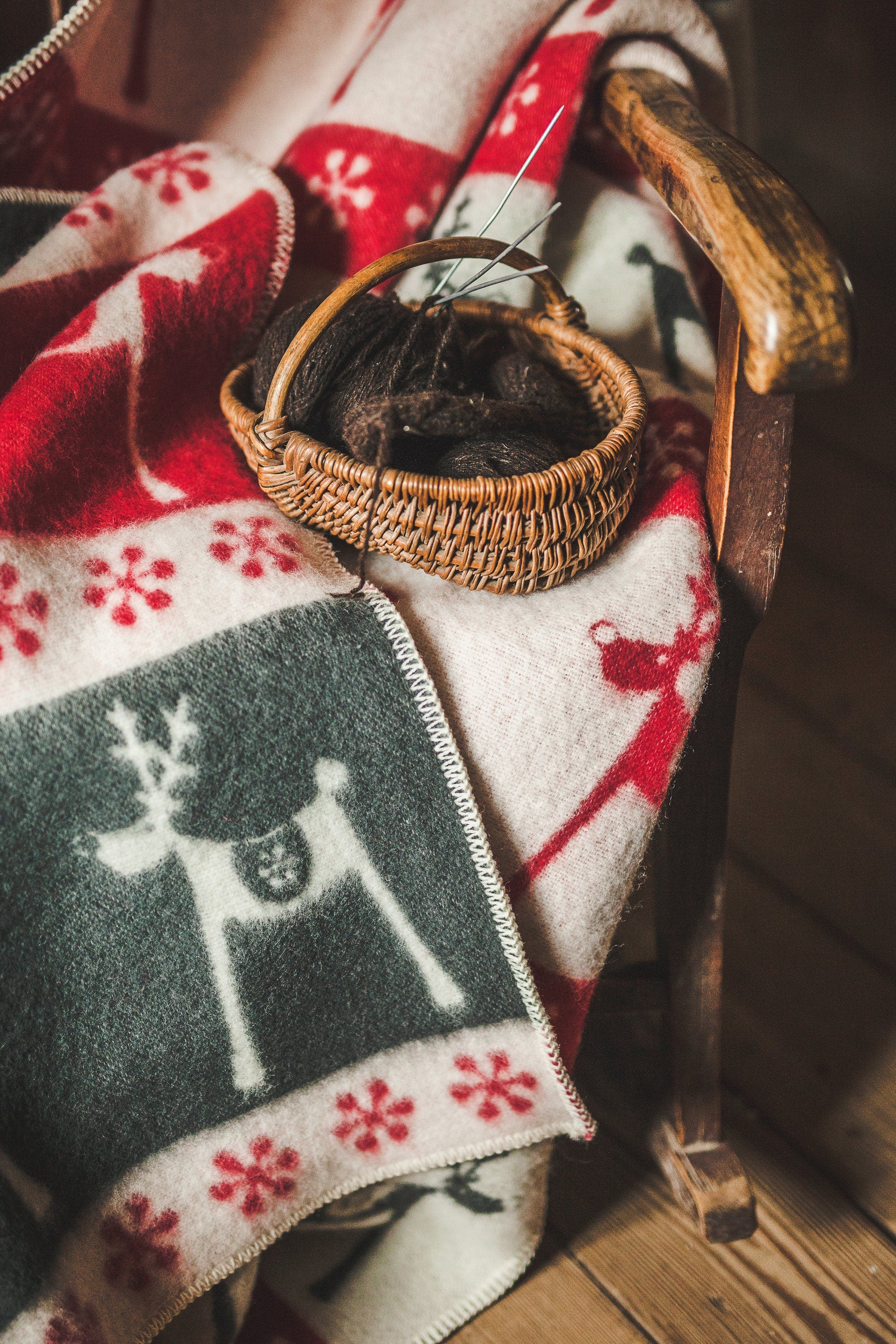 Christmas Deer Wool Blanket: Reversible Plaid Throw, New Zealand Wool
