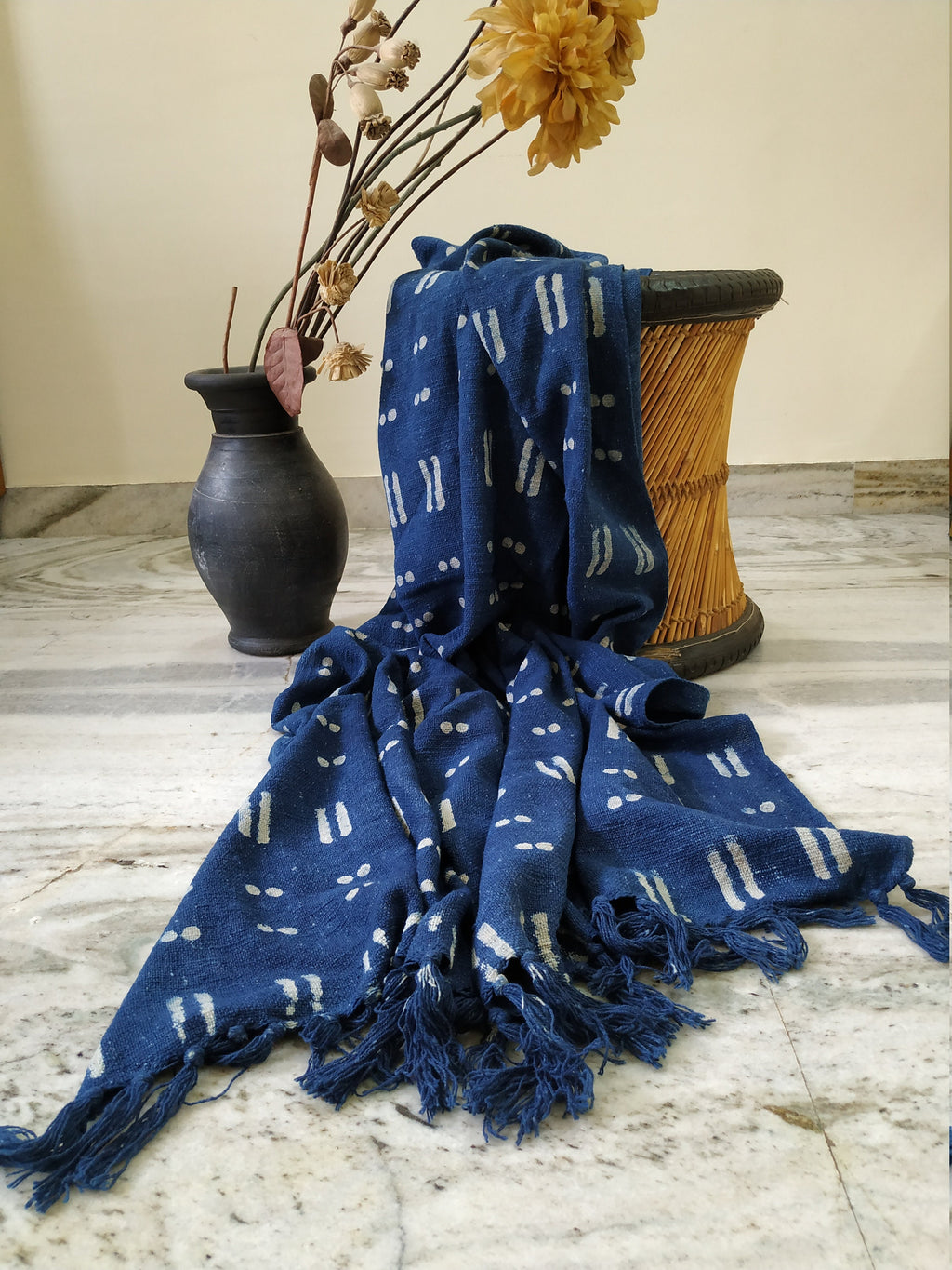 Blue Throw Blanket, Mud Cloth Bed Runner, Organic Cotton Bedspread, Bohemian Sofa Cover, Farmhouse Decor, Boho Style Bedroom, Couch Coverlet