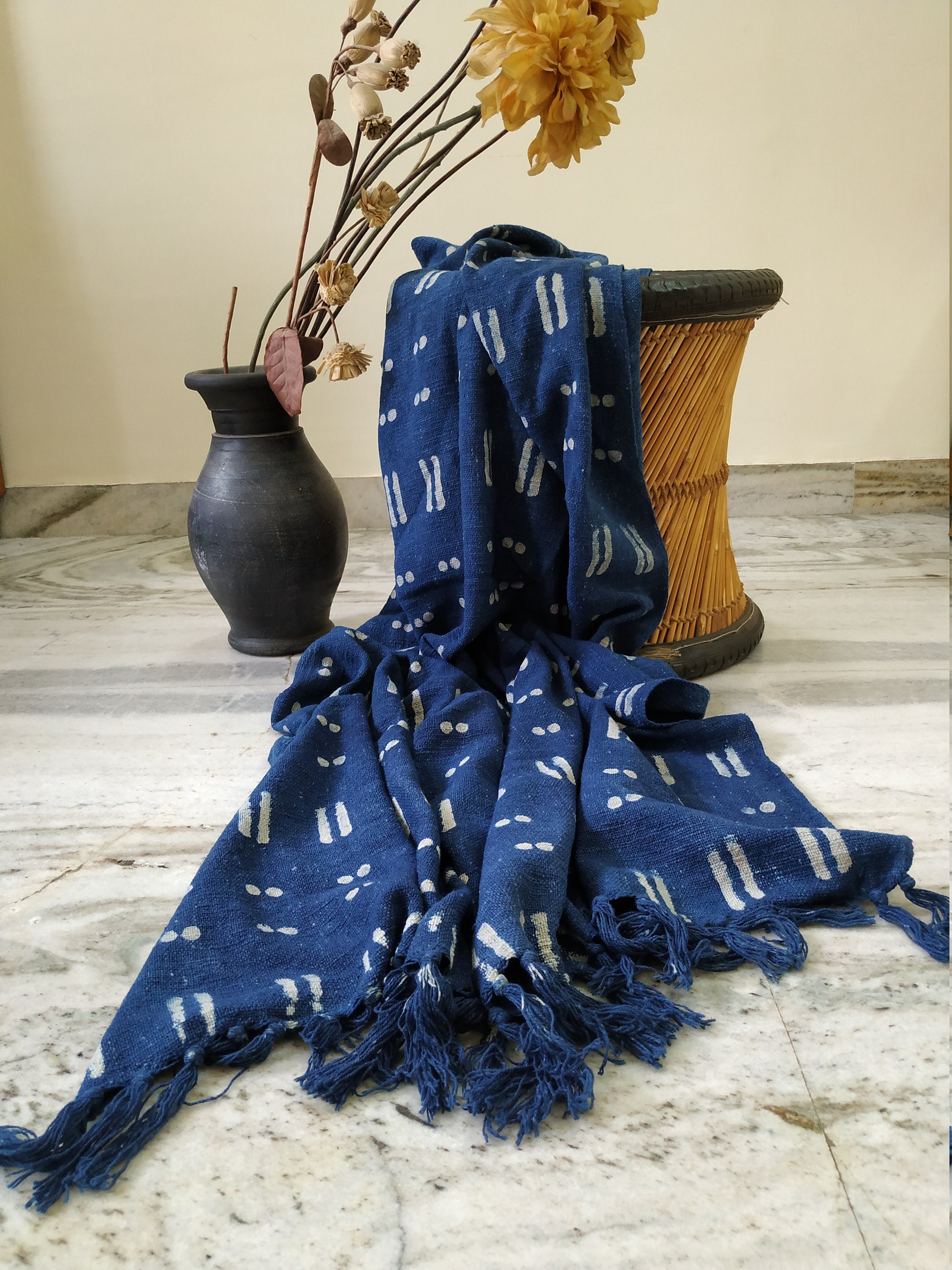 Blue Throw Blanket, Mud Cloth Bed Runner, Organic Cotton Bedspread, Bohemian Sofa Cover, Farmhouse Decor, Boho Style Bedroom, Couch Coverlet