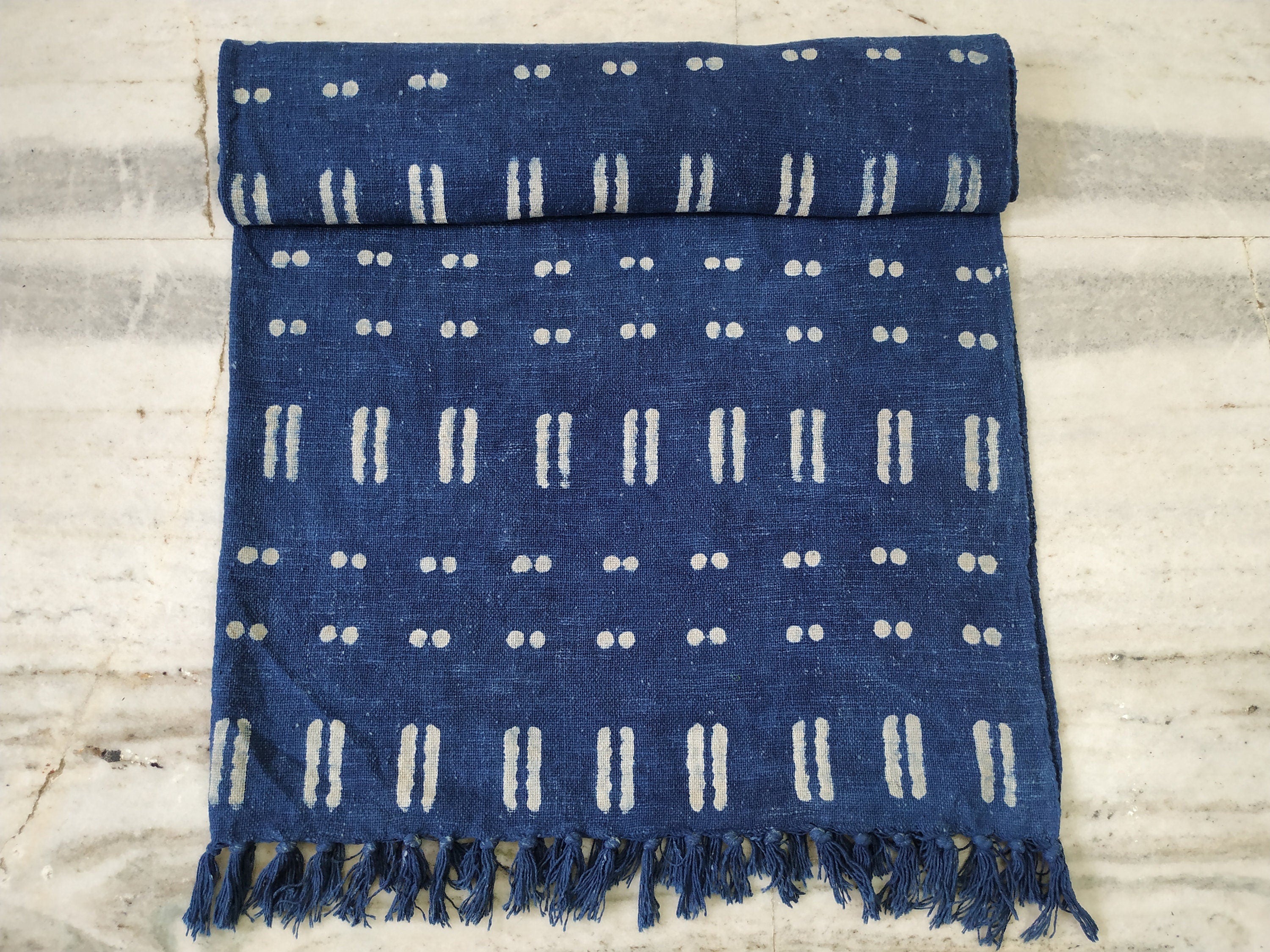 Blue Throw Blanket, Mud Cloth Bed Runner, Organic Cotton Bedspread, Bohemian Sofa Cover, Farmhouse Decor, Boho Style Bedroom, Couch Coverlet