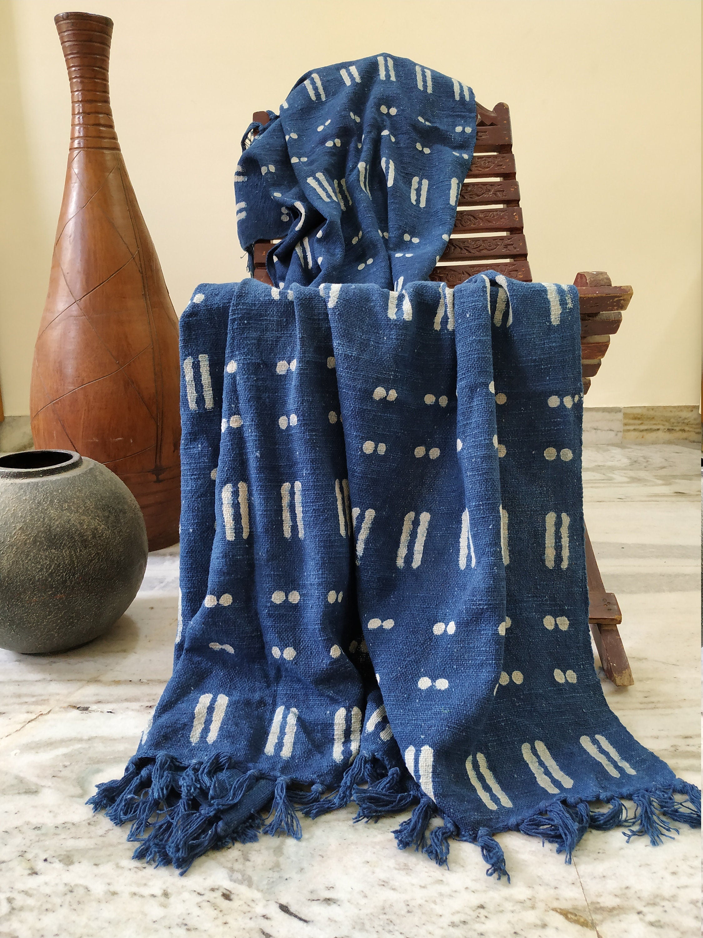 Blue Throw Blanket, Mud Cloth Bed Runner, Organic Cotton Bedspread, Bohemian Sofa Cover, Farmhouse Decor, Boho Style Bedroom, Couch Coverlet