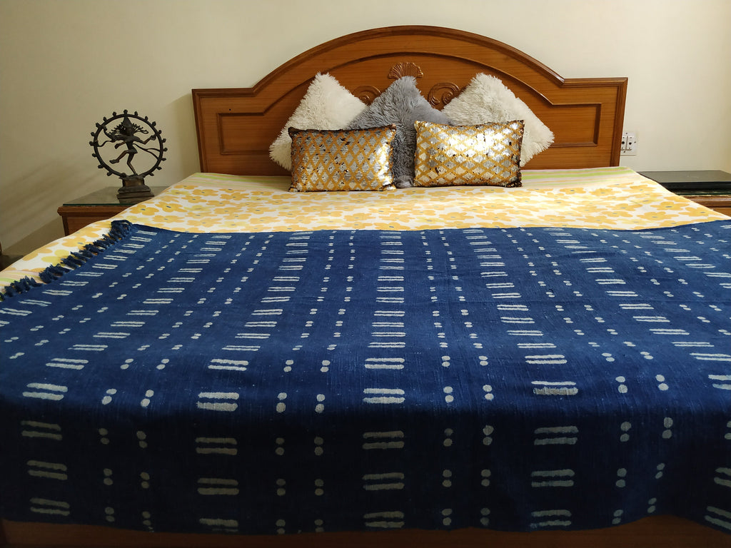 Blue Throw Blanket, Mud Cloth Bed Runner, Organic Cotton Bedspread, Bohemian Sofa Cover, Farmhouse Decor, Boho Style Bedroom, Couch Coverlet