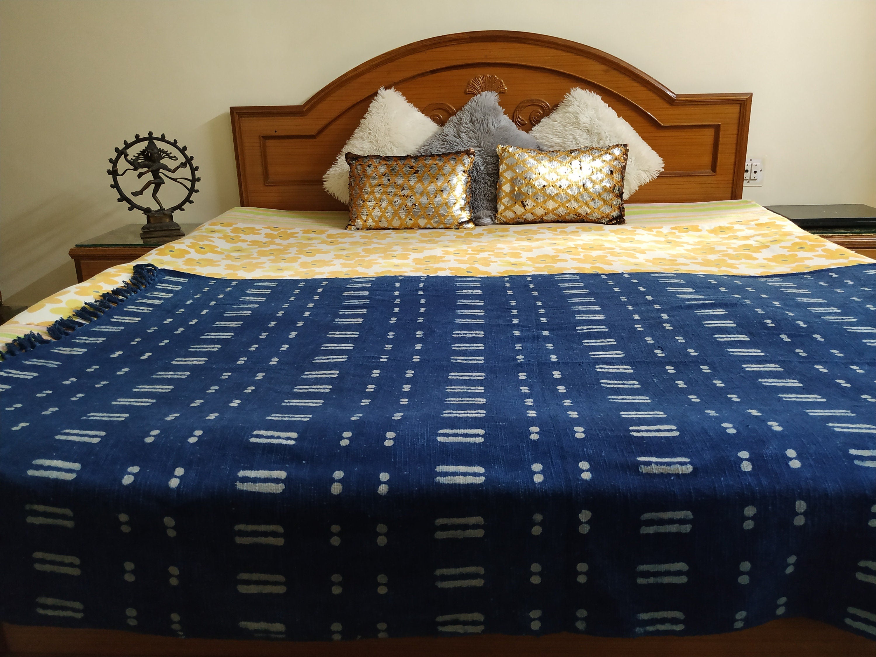 Blue Throw Blanket, Mud Cloth Bed Runner, Organic Cotton Bedspread, Bohemian Sofa Cover, Farmhouse Decor, Boho Style Bedroom, Couch Coverlet