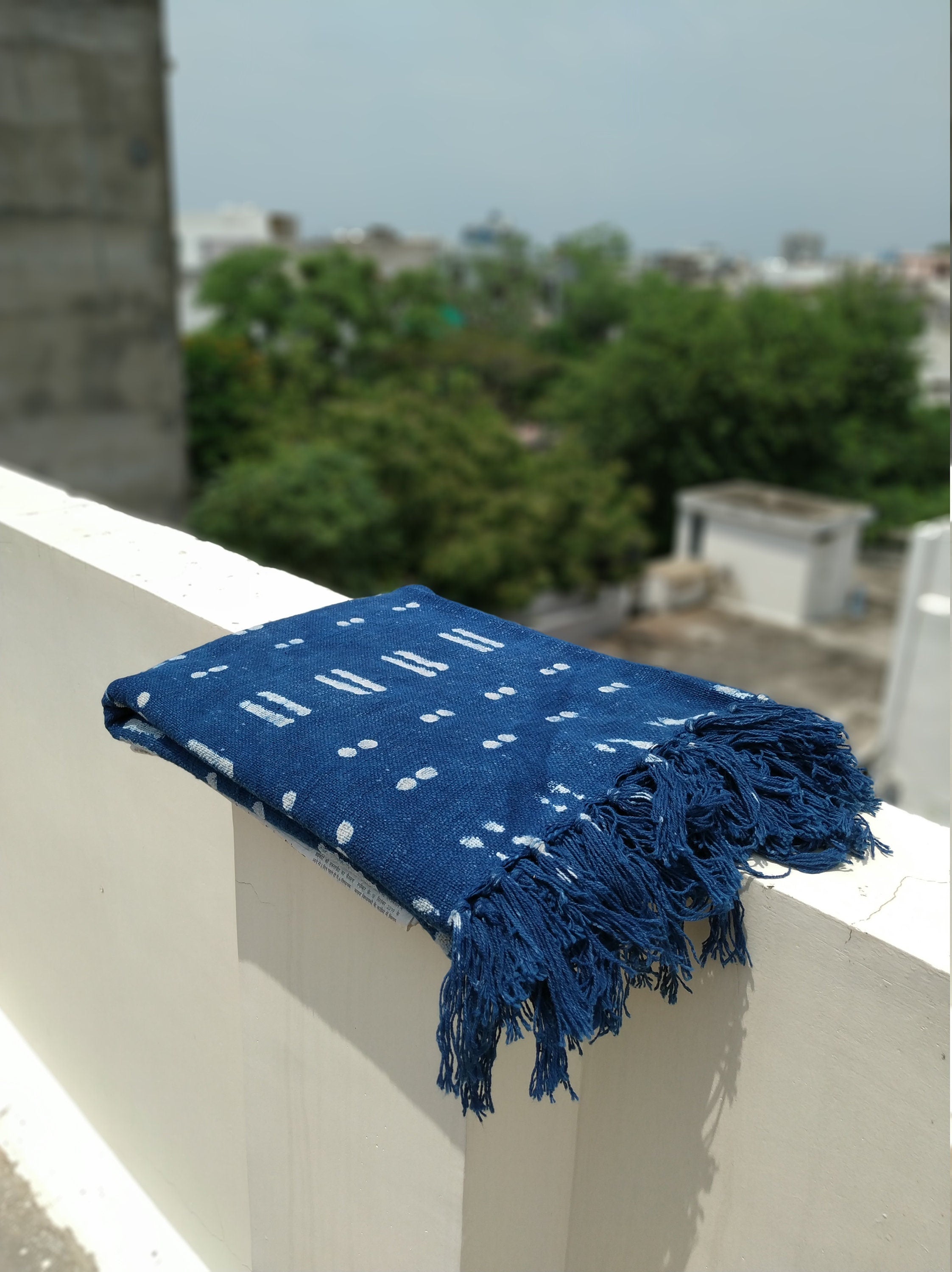 Blue Throw Blanket, Mud Cloth Bed Runner, Organic Cotton Bedspread, Bohemian Sofa Cover, Farmhouse Decor, Boho Style Bedroom, Couch Coverlet