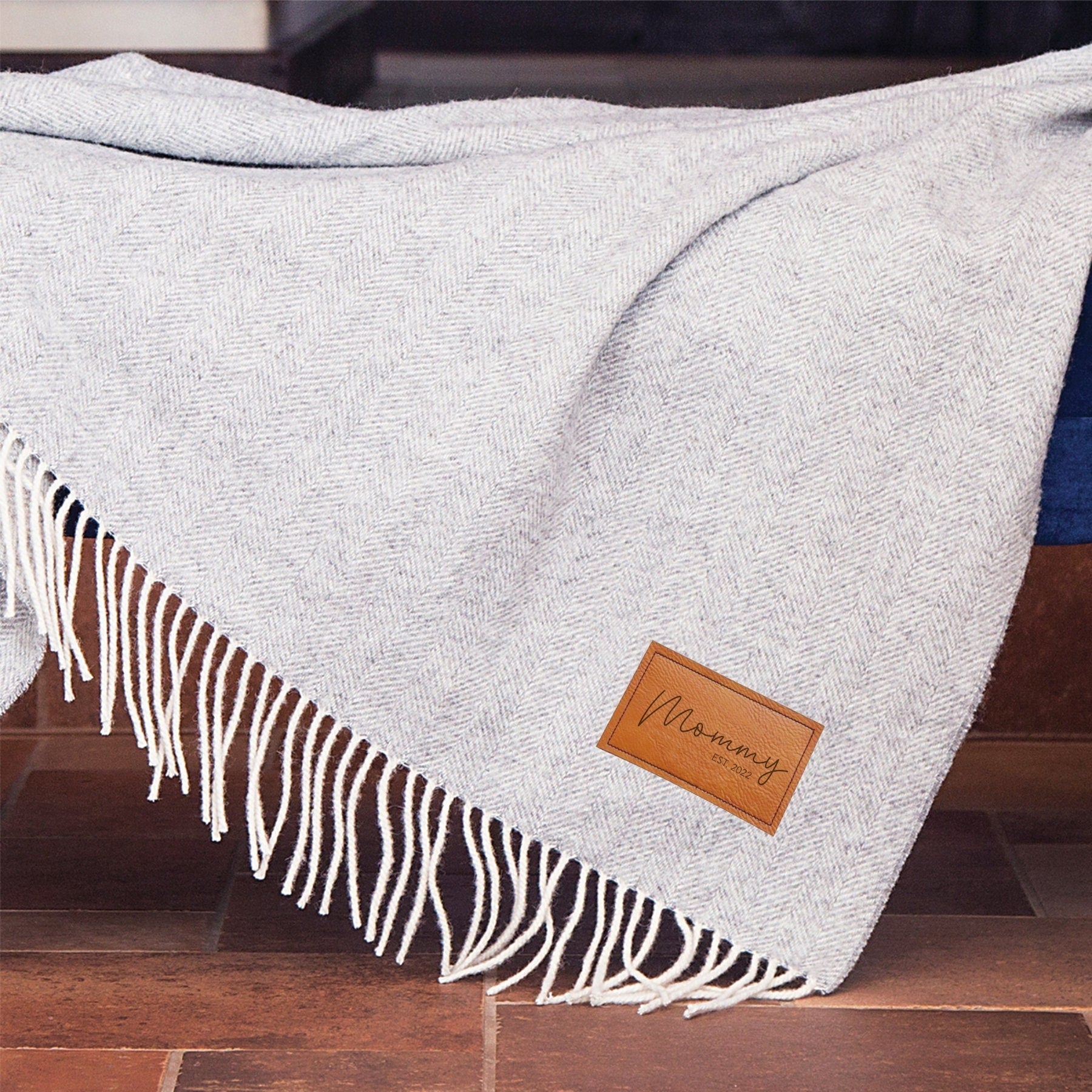 Personalized Wool Throw Blanket with Vegan Leather Patch