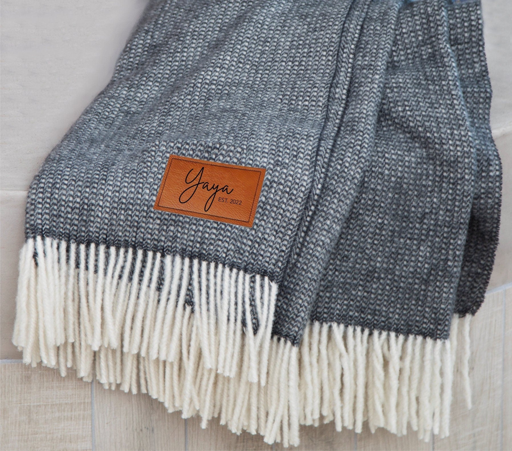 Personalized Wool Throw Blanket with Vegan Leather Patch