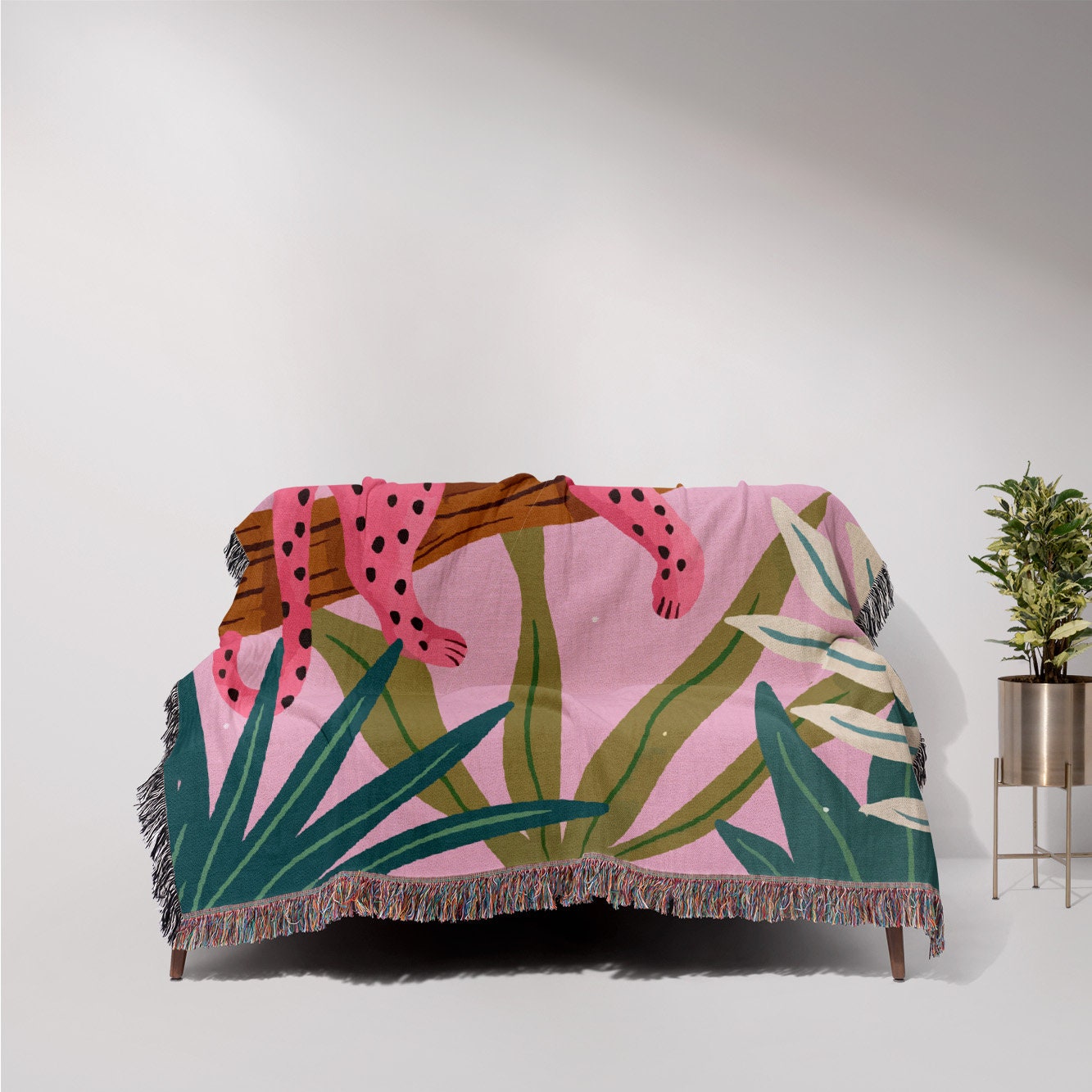 Pink Leopard Woven Throw Blanket: Tropical Jungle Tapestry