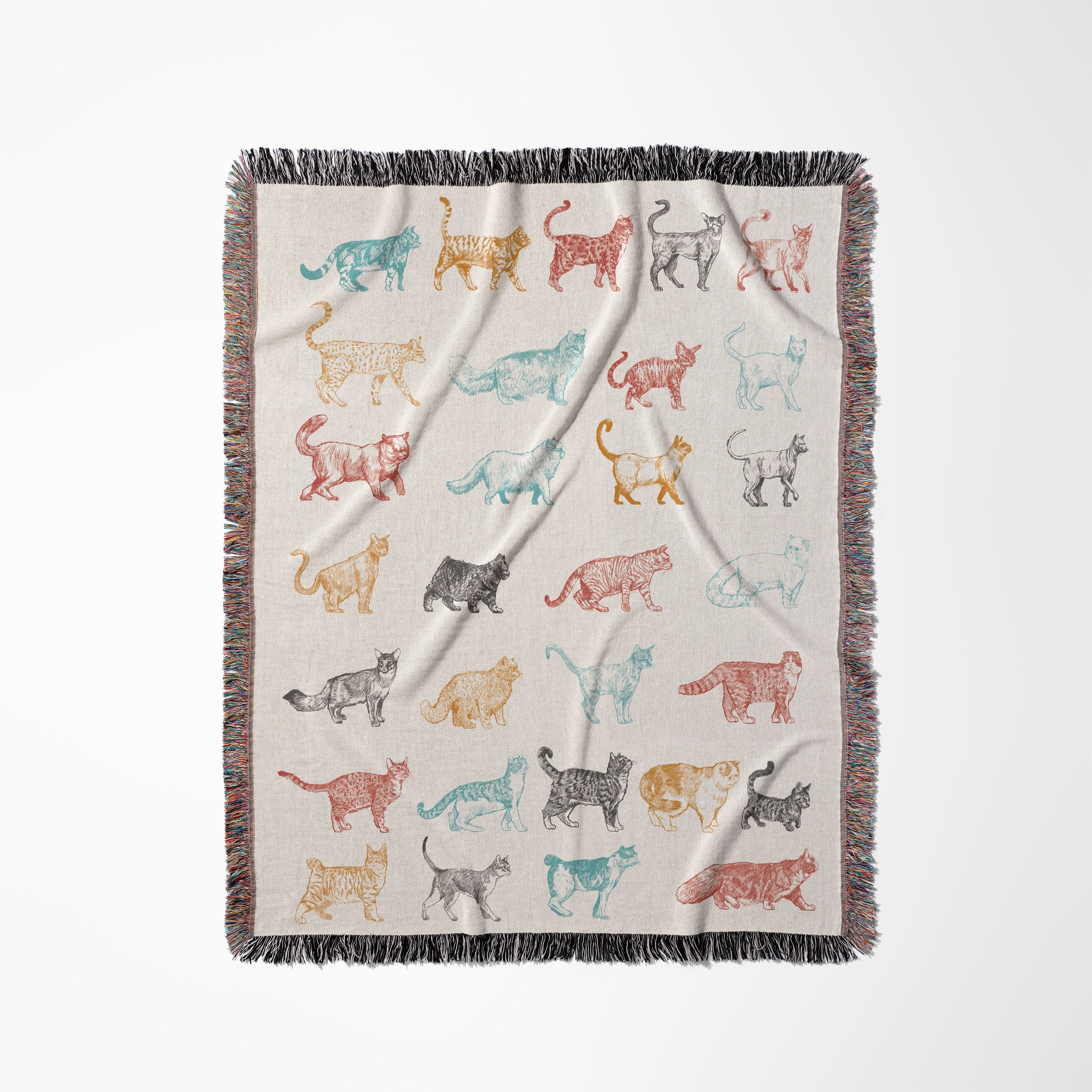 Cat Breeds Fringed Woven Blanket, Gift For Cat Lovers, Bohemian Animal Couch Throw, Present For Cat Mom/Cat Dad, Housewarming Gift