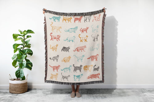 Cat Breeds Fringed Woven Blanket, Gift For Cat Lovers, Bohemian Animal Couch Throw, Present For Cat Mom/Cat Dad, Housewarming Gift