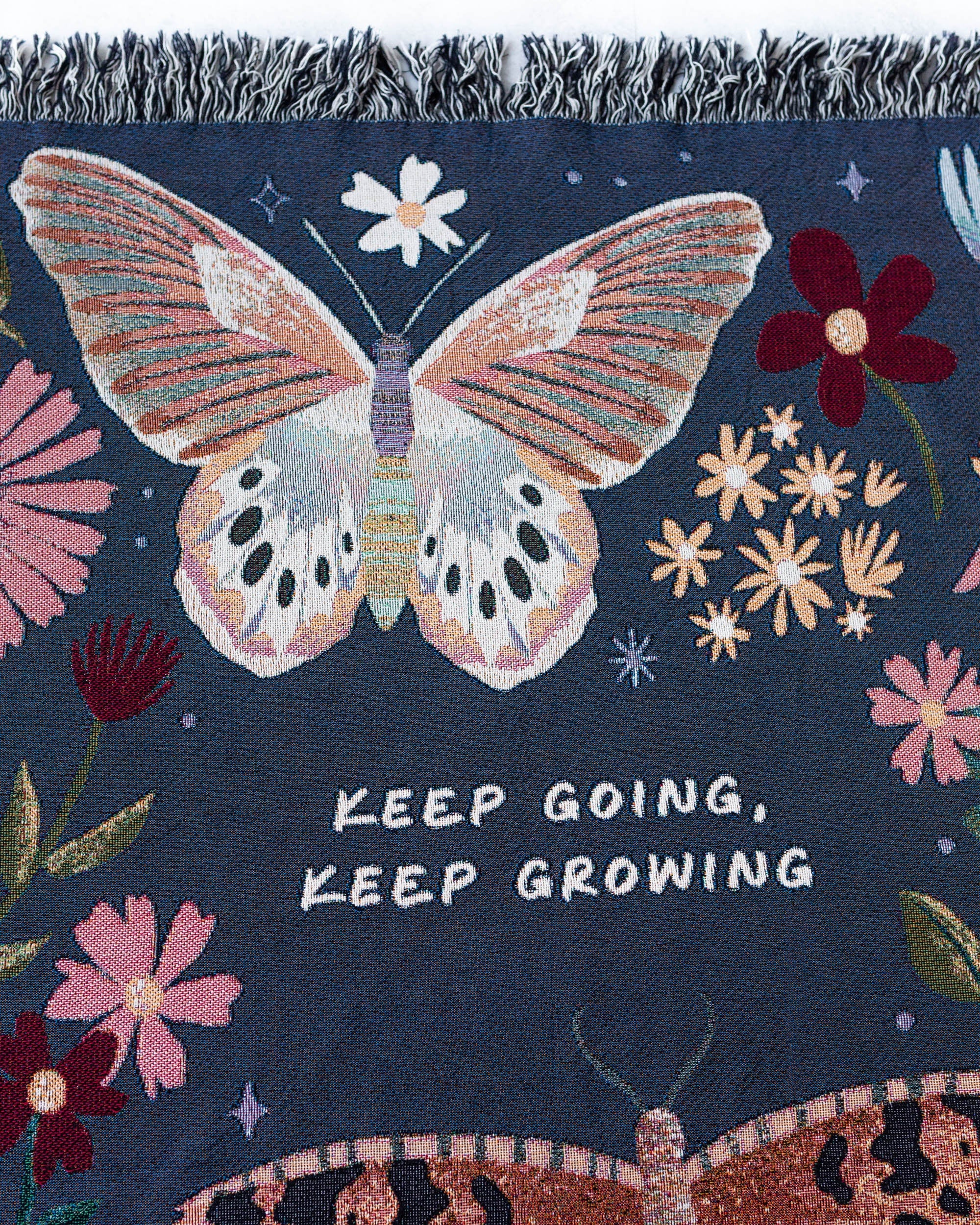 Butterfly Blanket: Navy Blue Floral Woven Throw, Mom Grandparent Baby Shower Gift, Positive Motivational Affirmation, Personalized Nursery