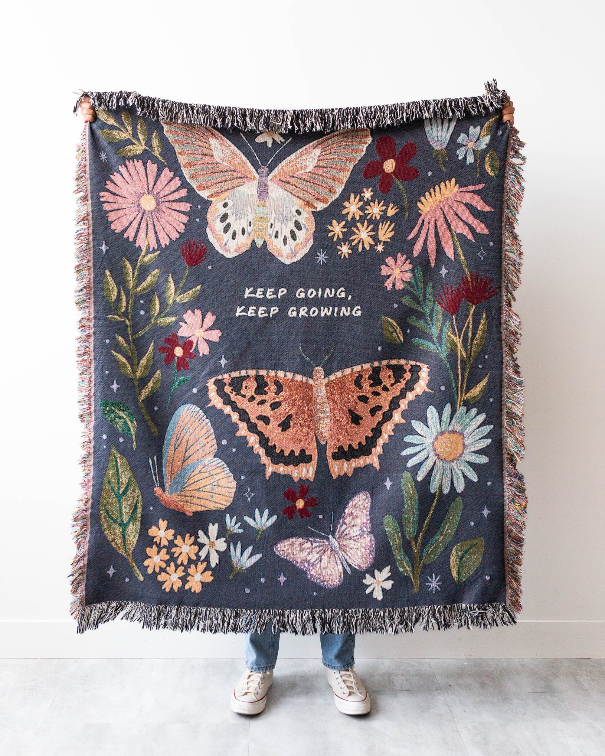 Butterfly Blanket: Navy Blue Floral Woven Throw, Mom Grandparent Baby Shower Gift, Positive Motivational Affirmation, Personalized Nursery
