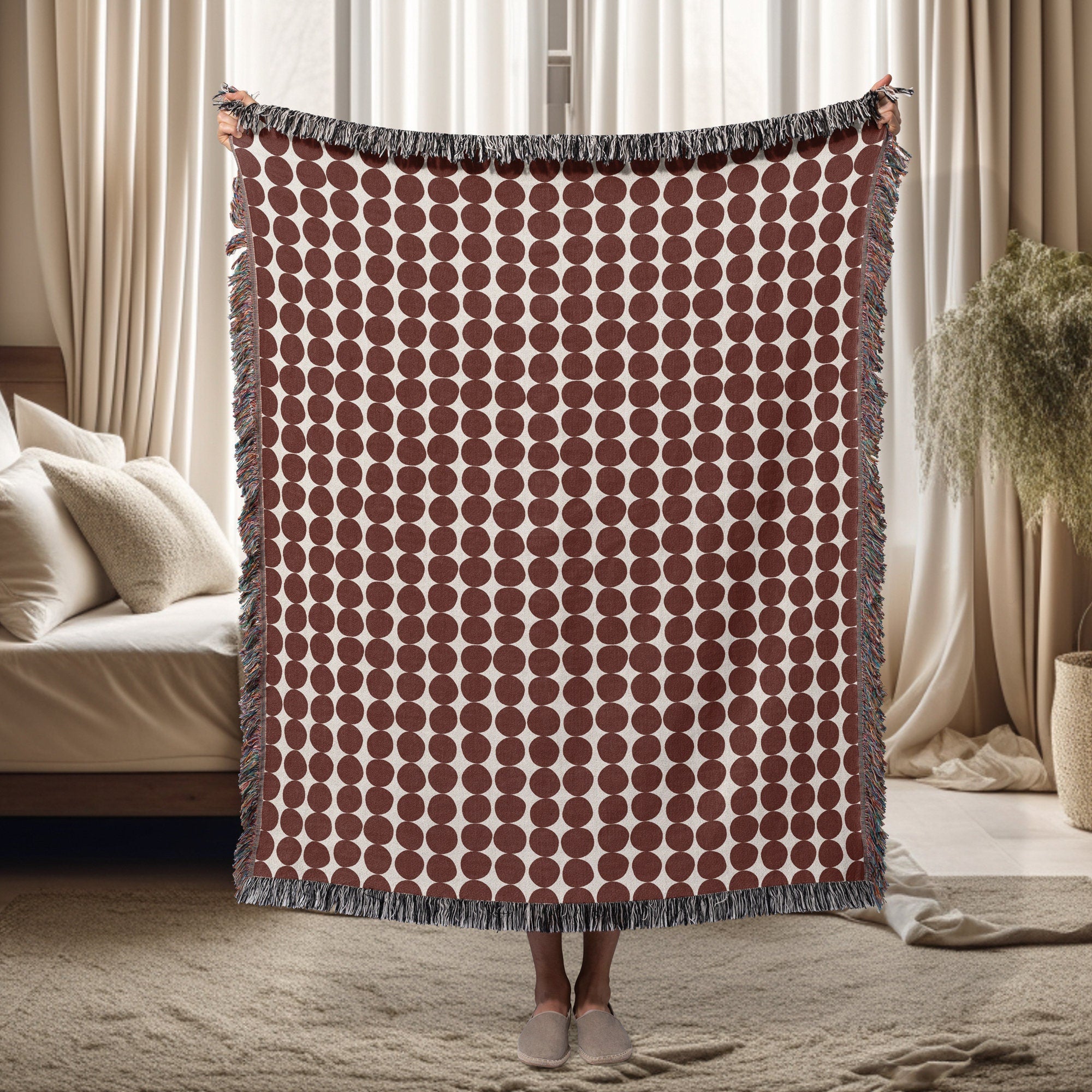 Mid Century Modern Blanket Brick Red Fall Home Decor Woven Throw for Couch Bed Sofa Birthday Gift for Her Cotton Anniversary Unique Textile