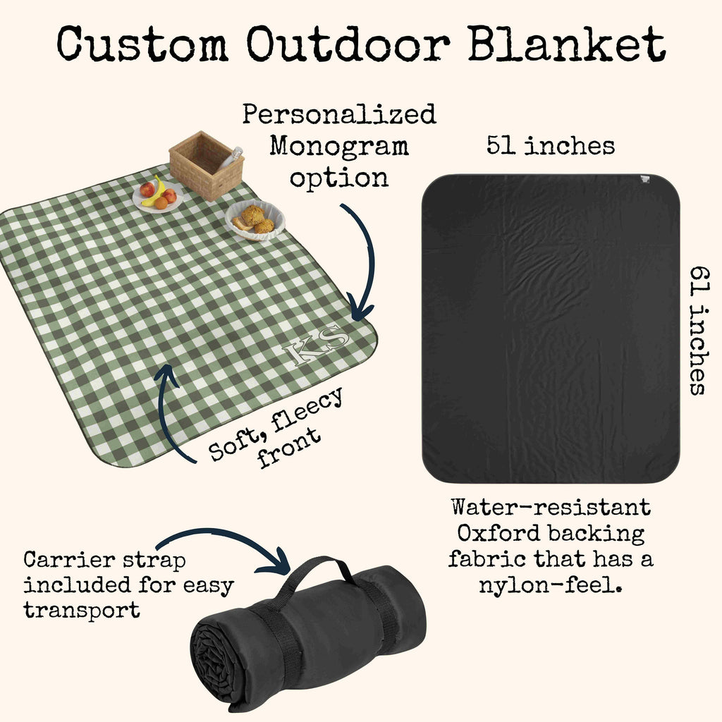 PERSONALIZED PICNIC BLANKET Sage Green Gingham| Monogrammed Cottagecore Outdoor Custom Blanket | Green Checkered Retro Vintage Aesthetic