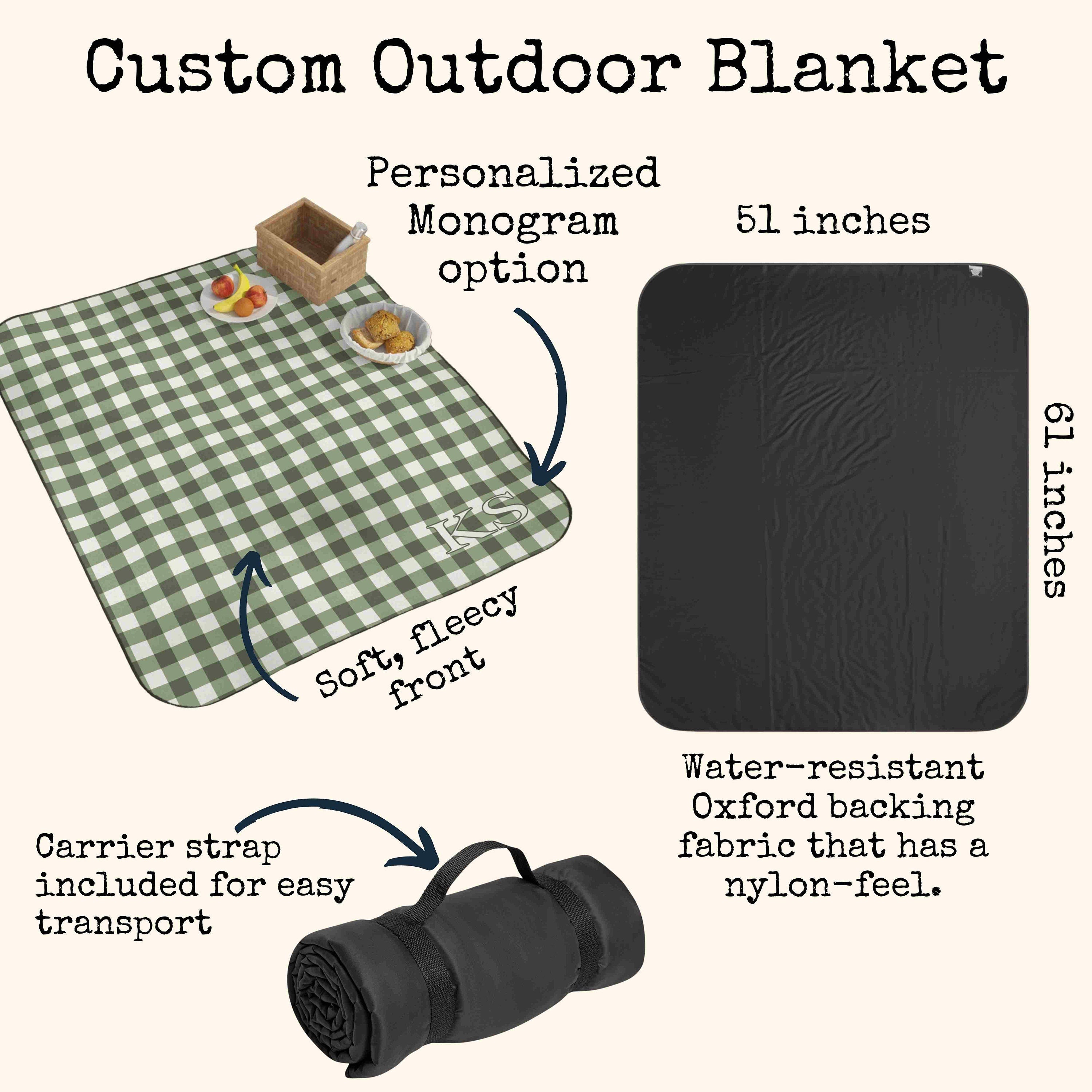 PERSONALIZED PICNIC BLANKET Sage Green Gingham| Monogrammed Cottagecore Outdoor Custom Blanket | Green Checkered Retro Vintage Aesthetic