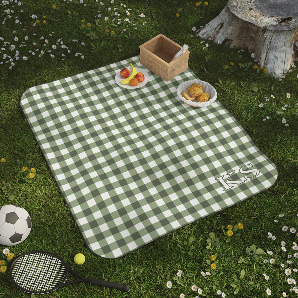 PERSONALIZED PICNIC BLANKET Sage Green Gingham| Monogrammed Cottagecore Outdoor Custom Blanket | Green Checkered Retro Vintage Aesthetic