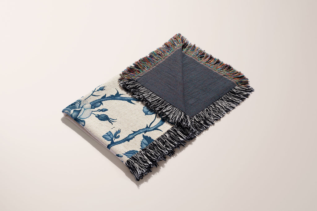 Woven Blanket for Mom Monogram Blue Chinoiserie Floral Throw Blanket, Personalized Grand Millennial Toile Bedding Country Cottage Decor