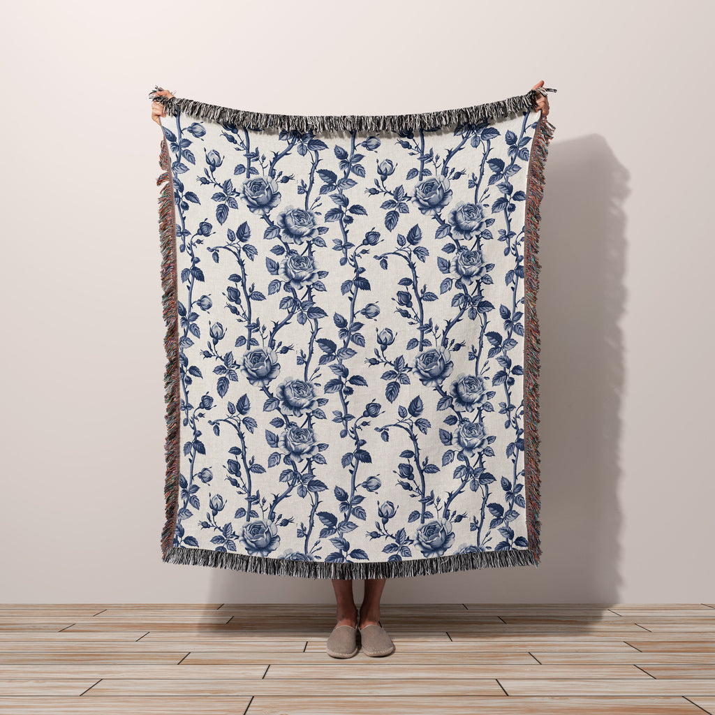 Woven Blanket for Mom Monogram Blue Chinoiserie Floral Throw Blanket, Personalized Grand Millennial Toile Bedding Country Cottage Decor