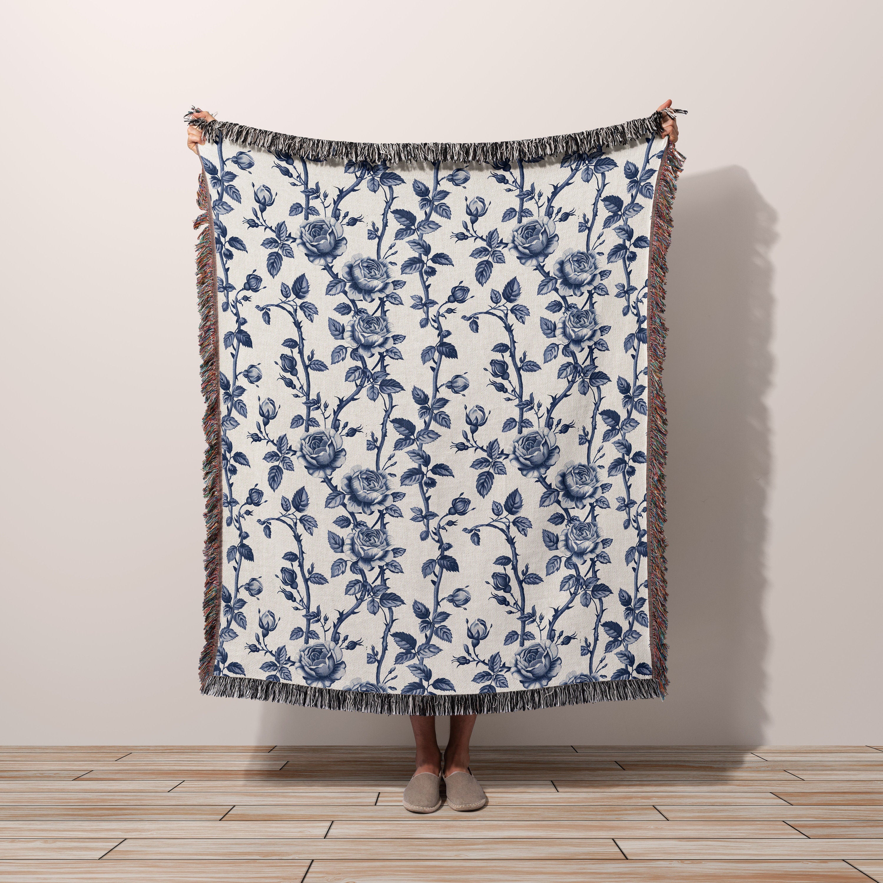 Woven Blanket for Mom Monogram Blue Chinoiserie Floral Throw Blanket, Personalized Grand Millennial Toile Bedding Country Cottage Decor