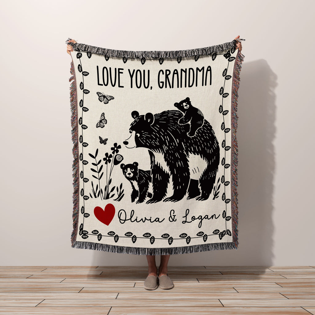 Custom Gift Blanket for Mom, Personalized Mother's Day Gift Idea for Grandma, Oma, Mimi, Momma, Wall Art Tapestry Floral Butterfly Bear Cub