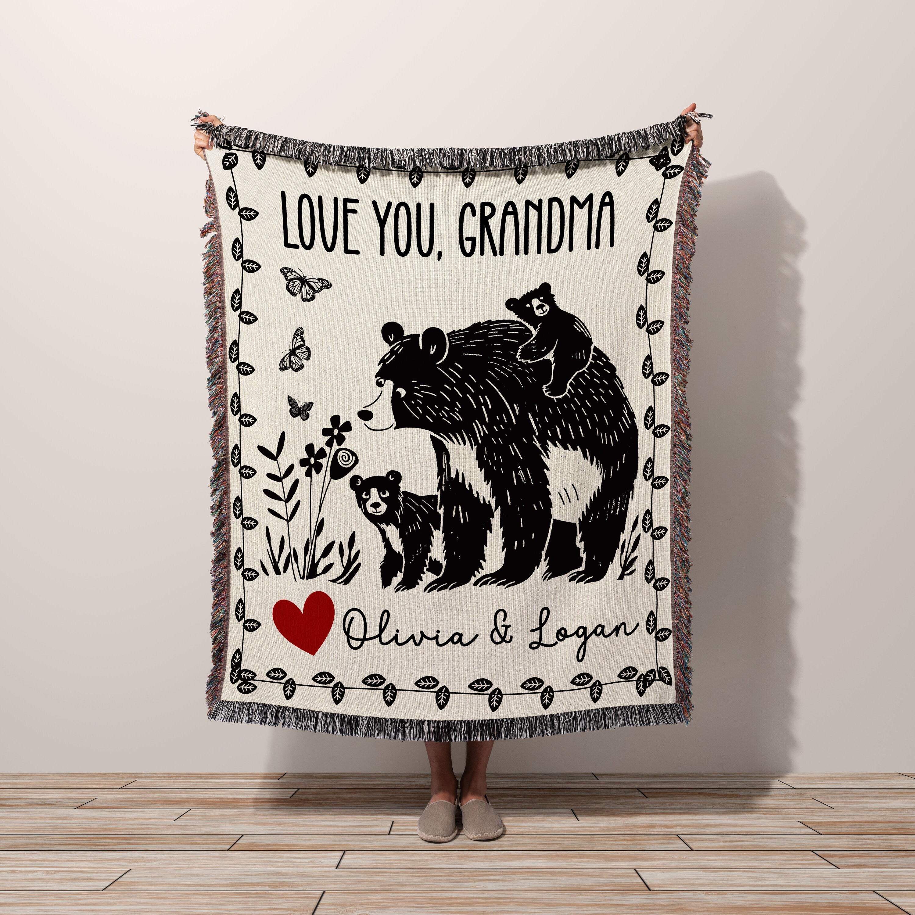 Custom Gift Blanket for Mom, Personalized Mother's Day Gift Idea for Grandma, Oma, Mimi, Momma, Wall Art Tapestry Floral Butterfly Bear Cub