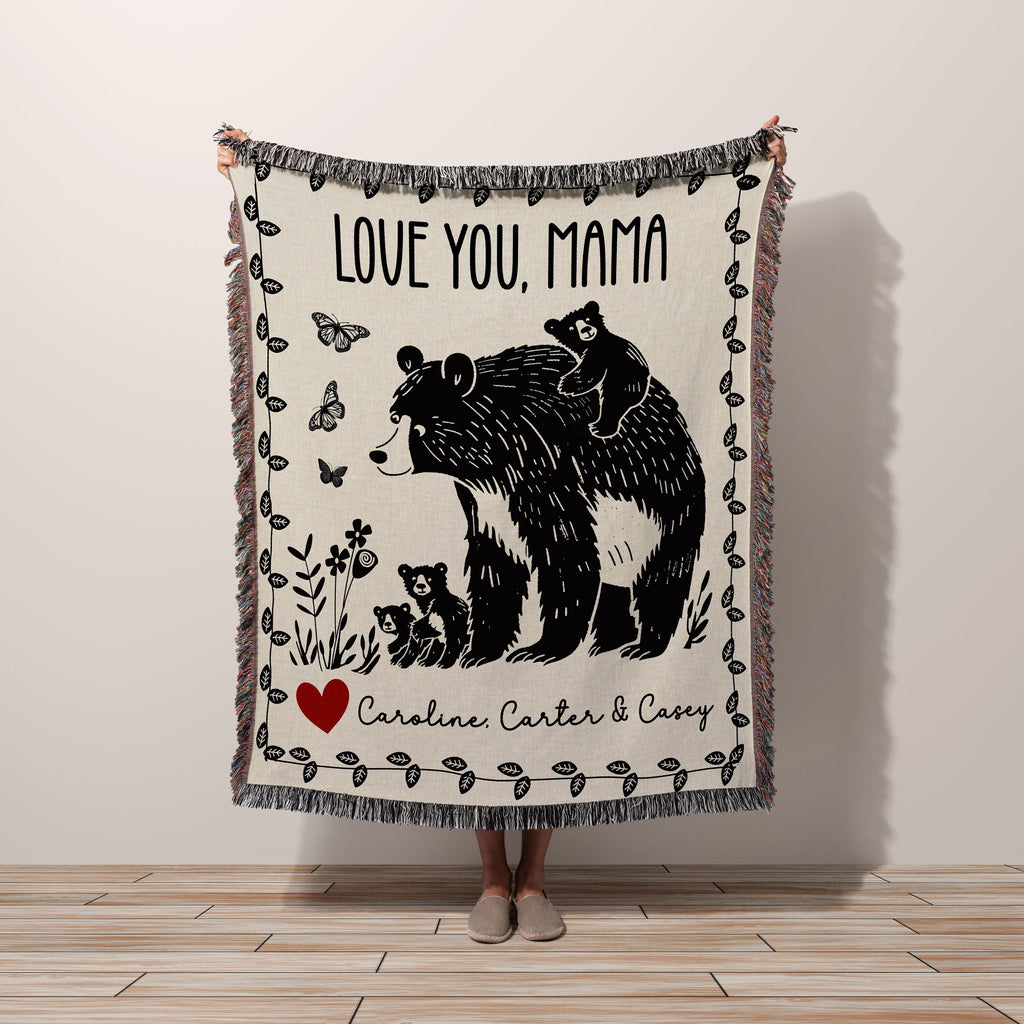 Custom Gift Blanket for Mom, Personalized Mother's Day Gift Idea for Grandma, Oma, Mimi, Momma, Wall Art Tapestry Floral Butterfly Bear Cub