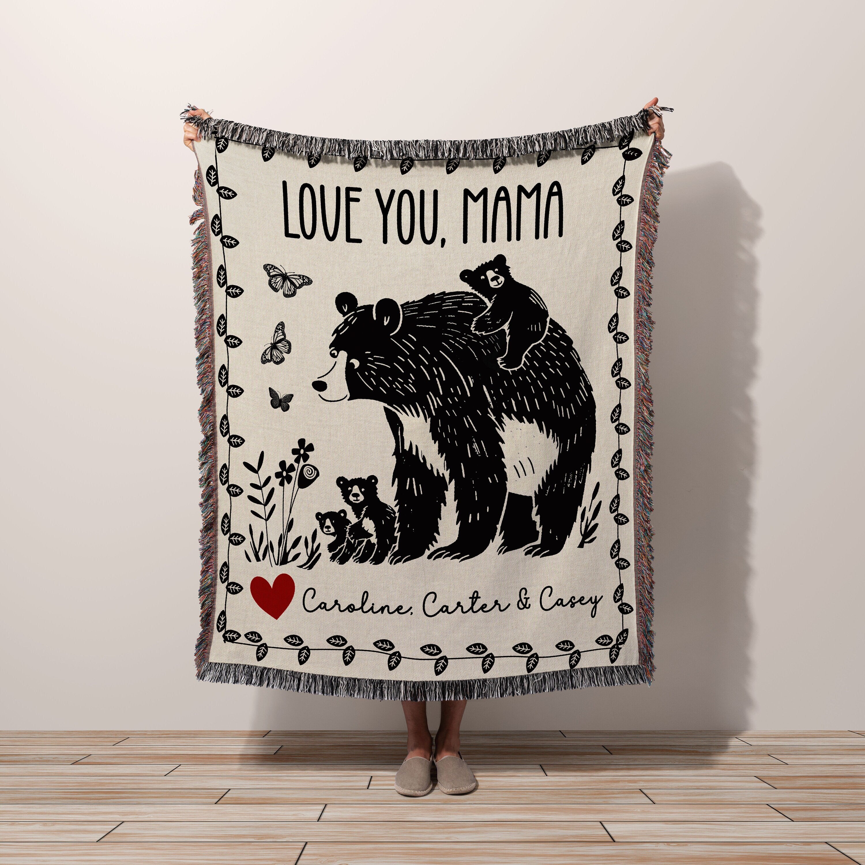 Custom Gift Blanket for Mom, Personalized Mother's Day Gift Idea for Grandma, Oma, Mimi, Momma, Wall Art Tapestry Floral Butterfly Bear Cub