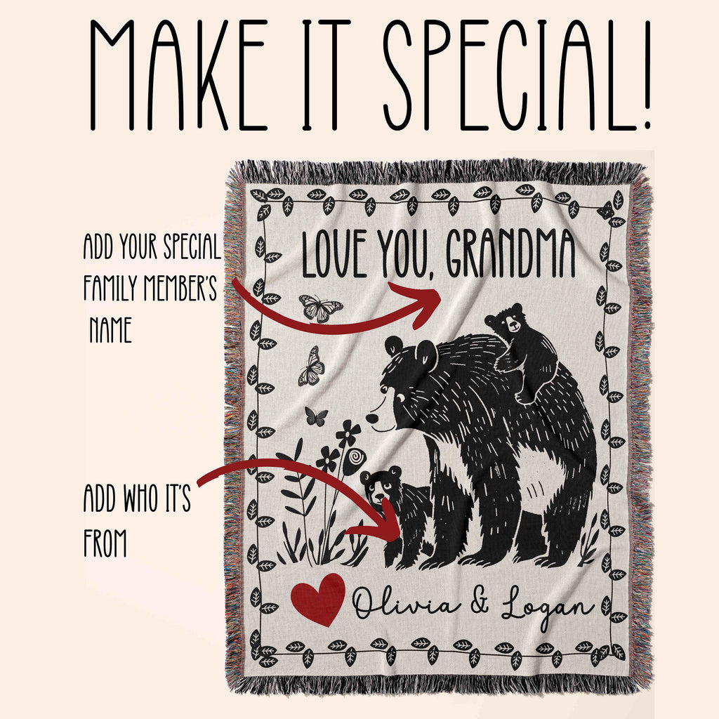 Custom Gift Blanket for Mom, Personalized Mother's Day Gift Idea for Grandma, Oma, Mimi, Momma, Wall Art Tapestry Floral Butterfly Bear Cub