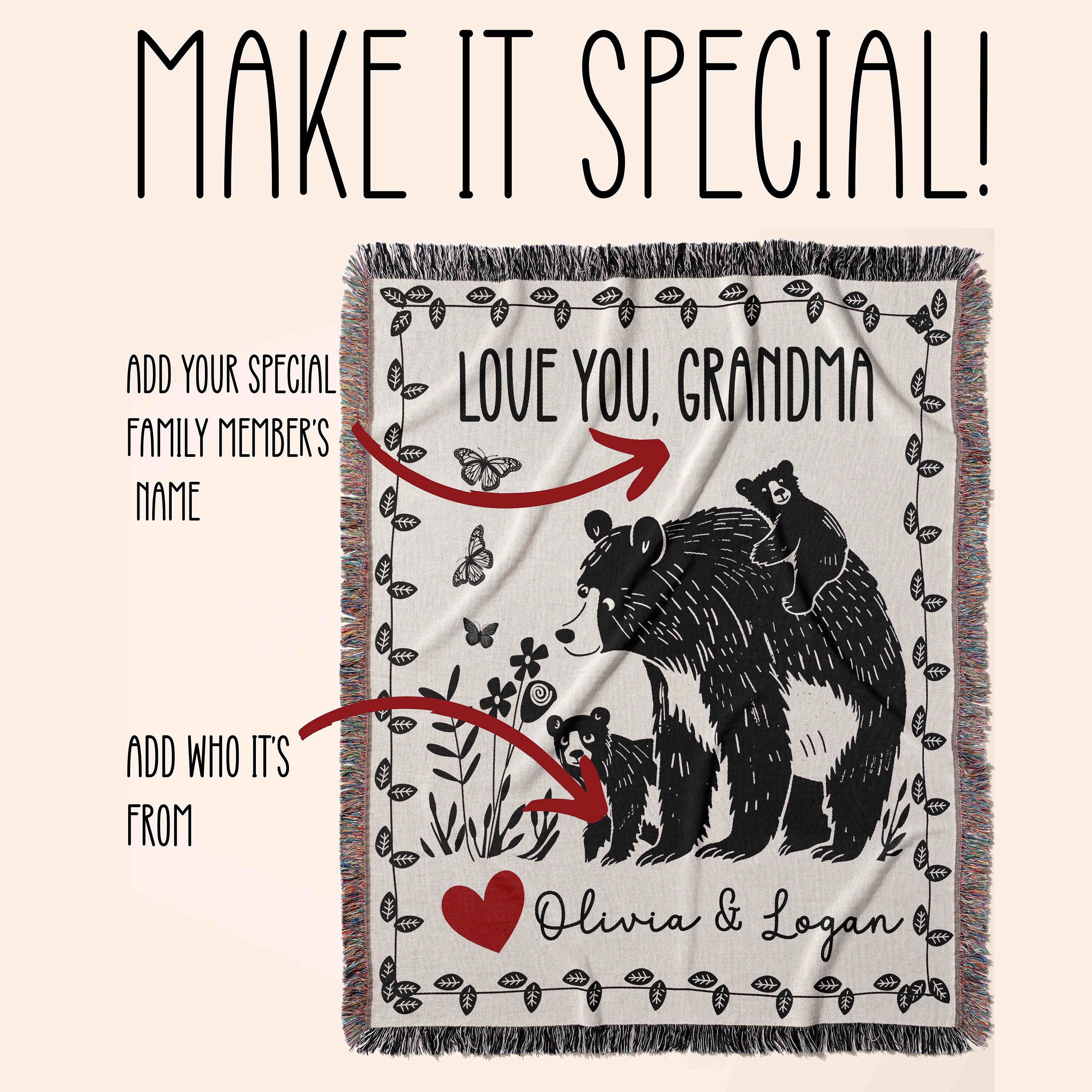 Custom Gift Blanket for Mom, Personalized Mother's Day Gift Idea for Grandma, Oma, Mimi, Momma, Wall Art Tapestry Floral Butterfly Bear Cub