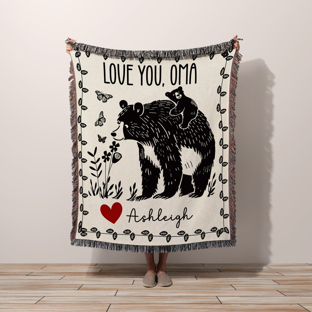 Custom Gift Blanket for Mom, Personalized Mother's Day Gift Idea for Grandma, Oma, Mimi, Momma, Wall Art Tapestry Floral Butterfly Bear Cub