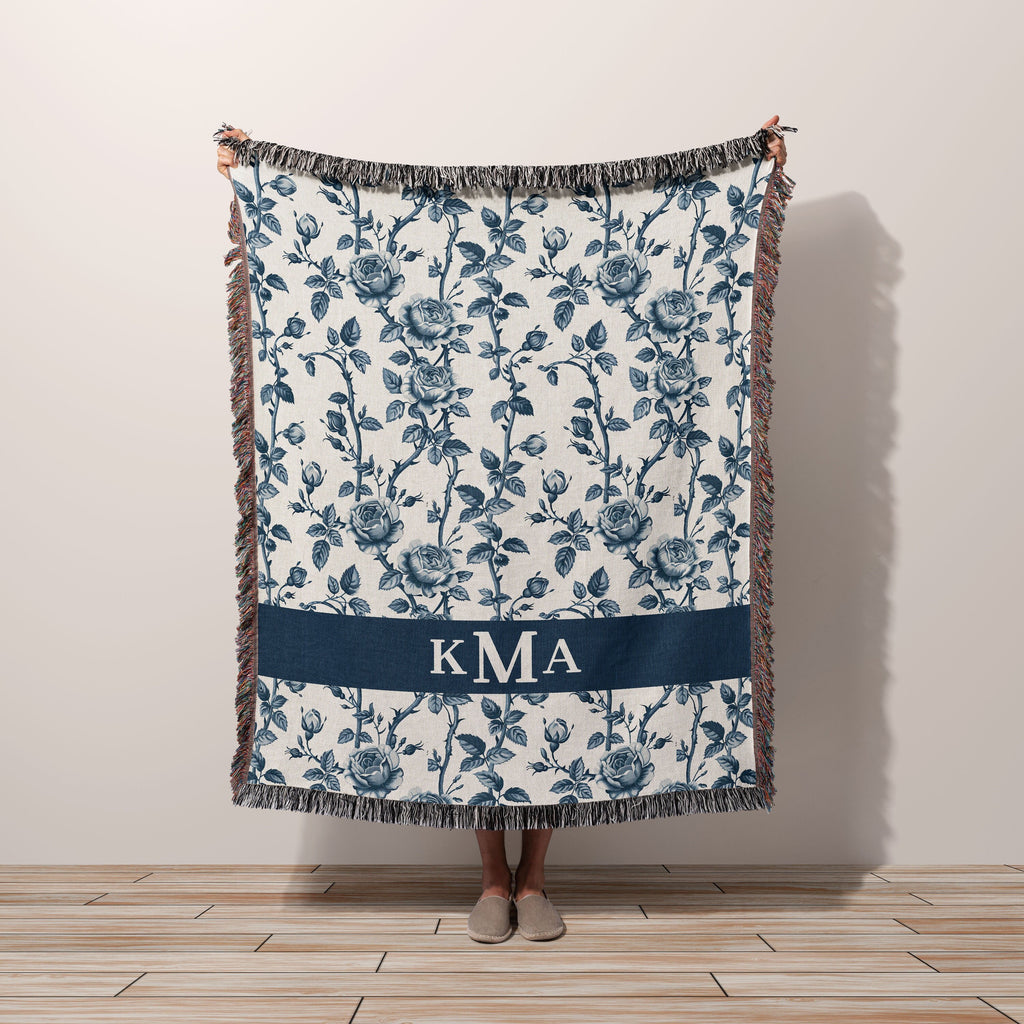 Woven Blanket for Mom Monogram Blue Chinoiserie Floral Throw Blanket, Personalized Grand Millennial Toile Bedding Country Cottage Decor