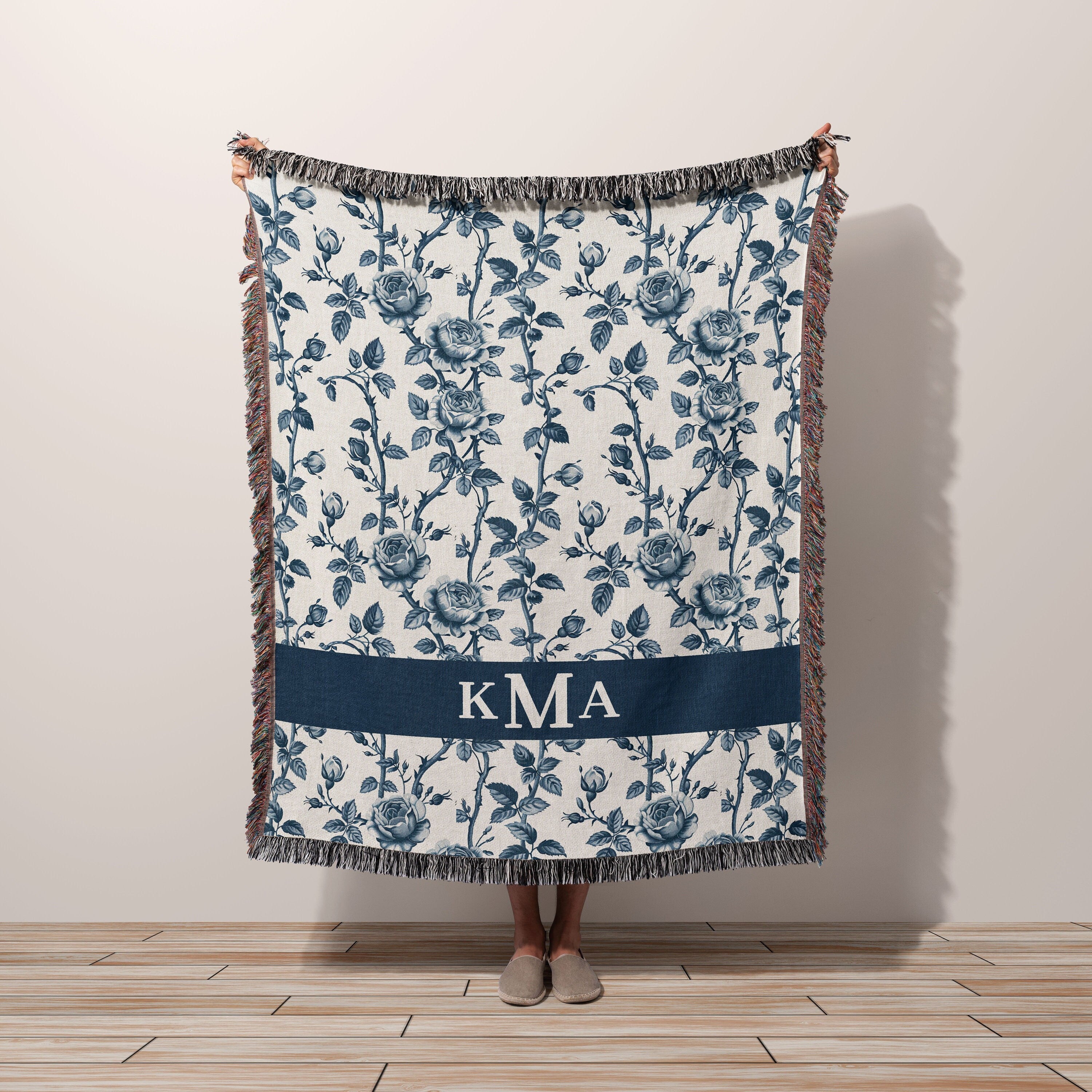 Woven Blanket for Mom Monogram Blue Chinoiserie Floral Throw Blanket, Personalized Grand Millennial Toile Bedding Country Cottage Decor
