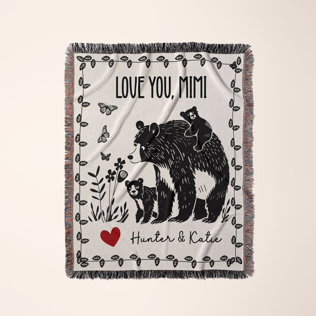 Custom Gift Blanket for Mom, Personalized Mother's Day Gift Idea for Grandma, Oma, Mimi, Momma, Wall Art Tapestry Floral Butterfly Bear Cub
