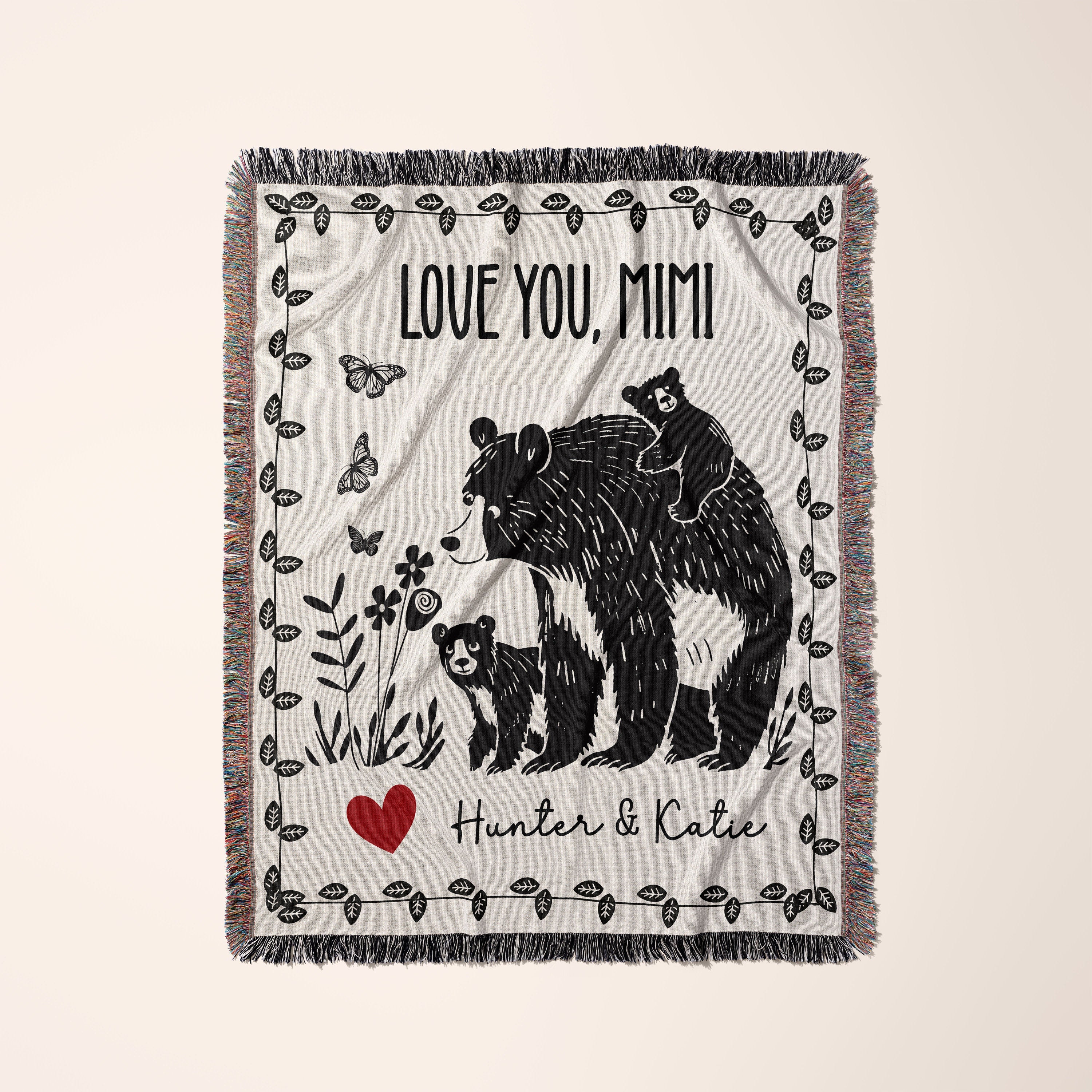 Custom Gift Blanket for Mom, Personalized Mother's Day Gift Idea for Grandma, Oma, Mimi, Momma, Wall Art Tapestry Floral Butterfly Bear Cub