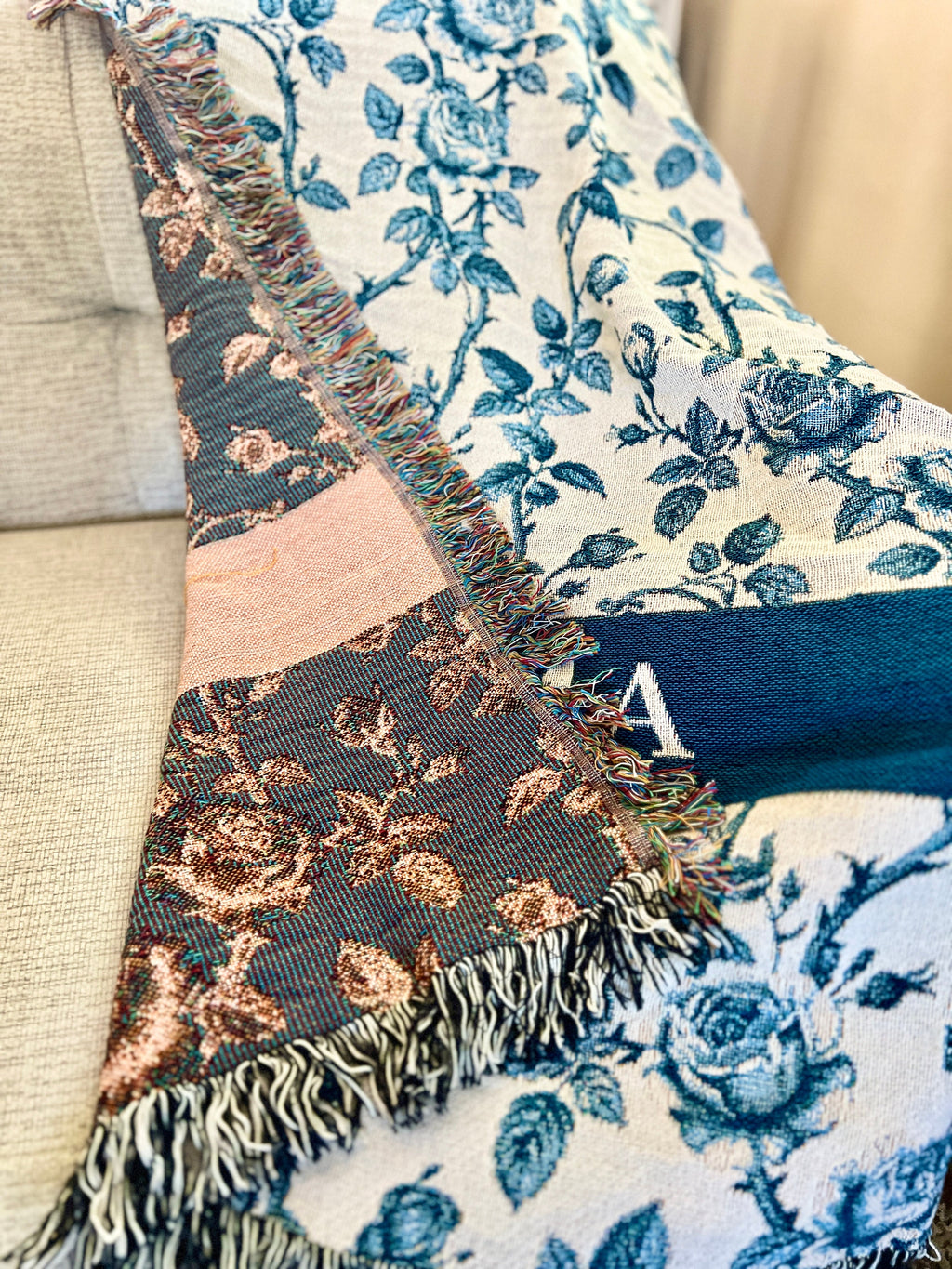 Woven Blanket for Mom Monogram Blue Chinoiserie Floral Throw Blanket, Personalized Grand Millennial Toile Bedding Country Cottage Decor