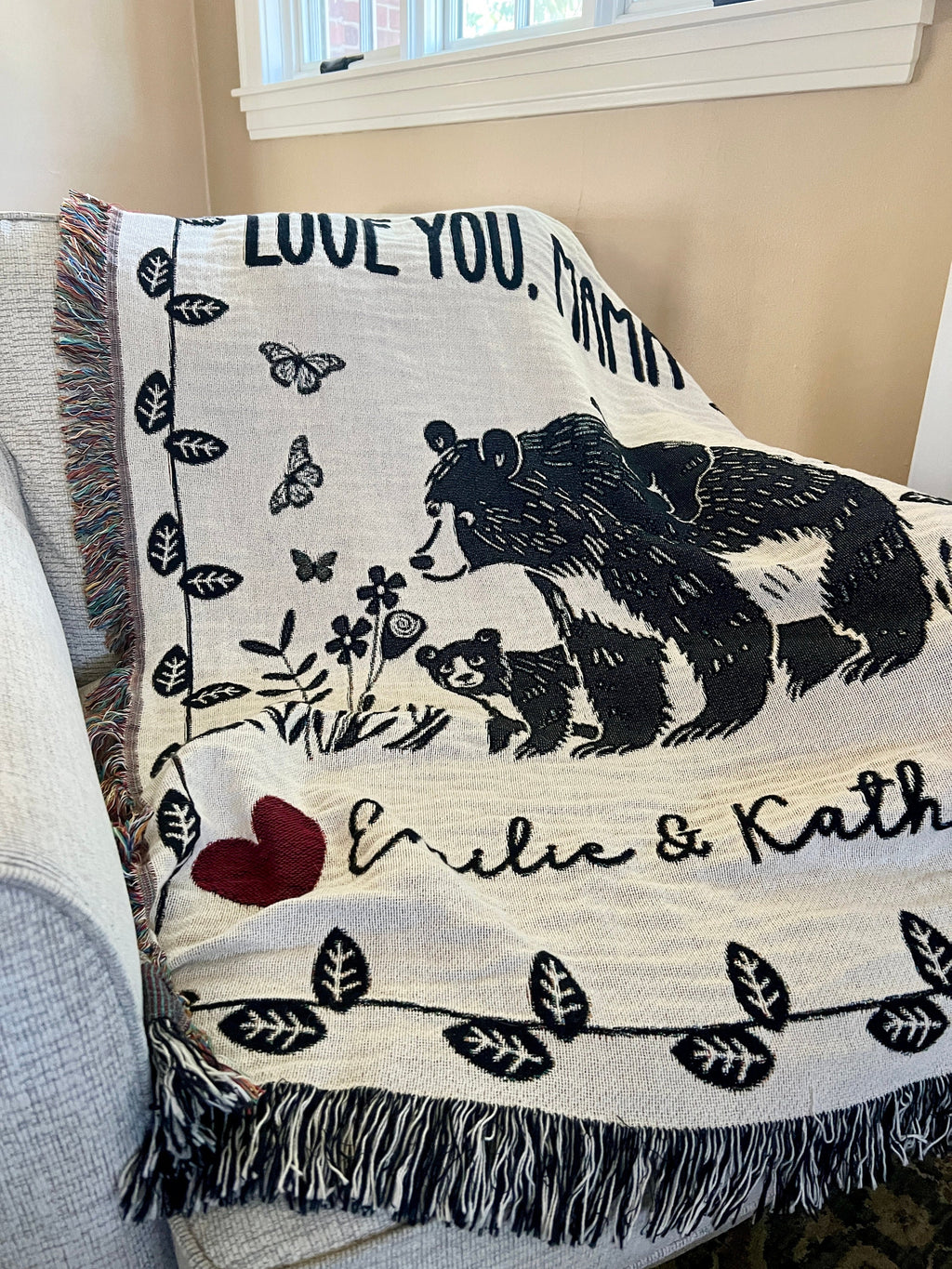 Custom Gift Blanket for Mom, Personalized Mother's Day Gift Idea for Grandma, Oma, Mimi, Momma, Wall Art Tapestry Floral Butterfly Bear Cub