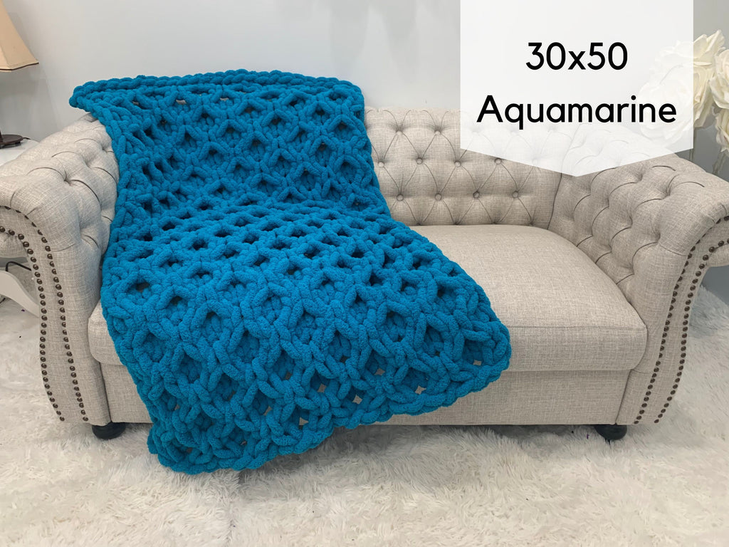 Blanket, Hand Knit, Chunky Chenille Throw, Honeycomb Pattern, Gift for her