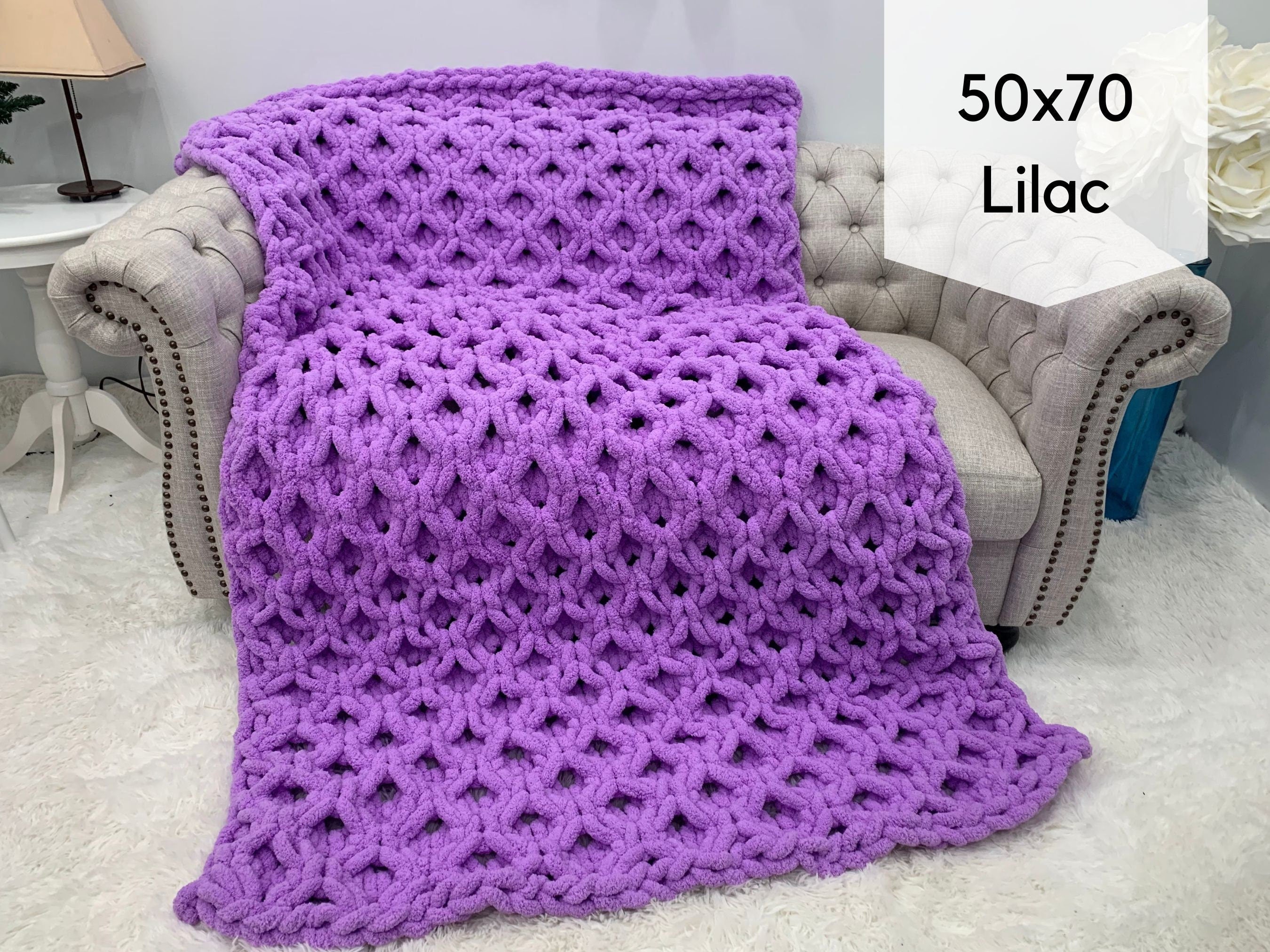 Blanket, Hand Knit, Chunky Chenille Throw, Honeycomb Pattern, Gift for her