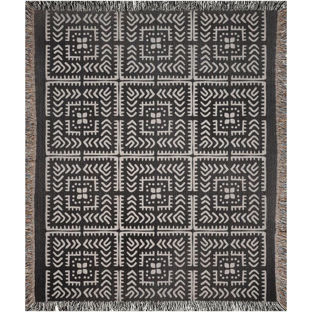 Black And Beige Intricate Motif Pattern Woven Cotton Throw Blankets