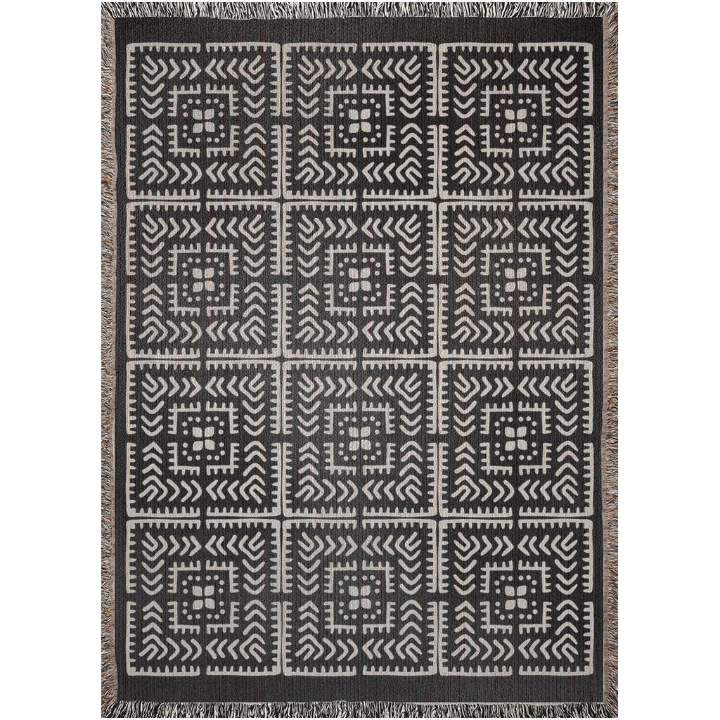 Black And Beige Intricate Motif Pattern Woven Cotton Throw Blankets