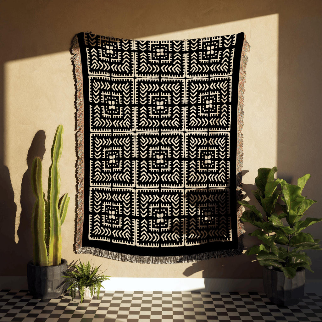 Black And Beige Intricate Motif Pattern Woven Cotton Throw Blankets