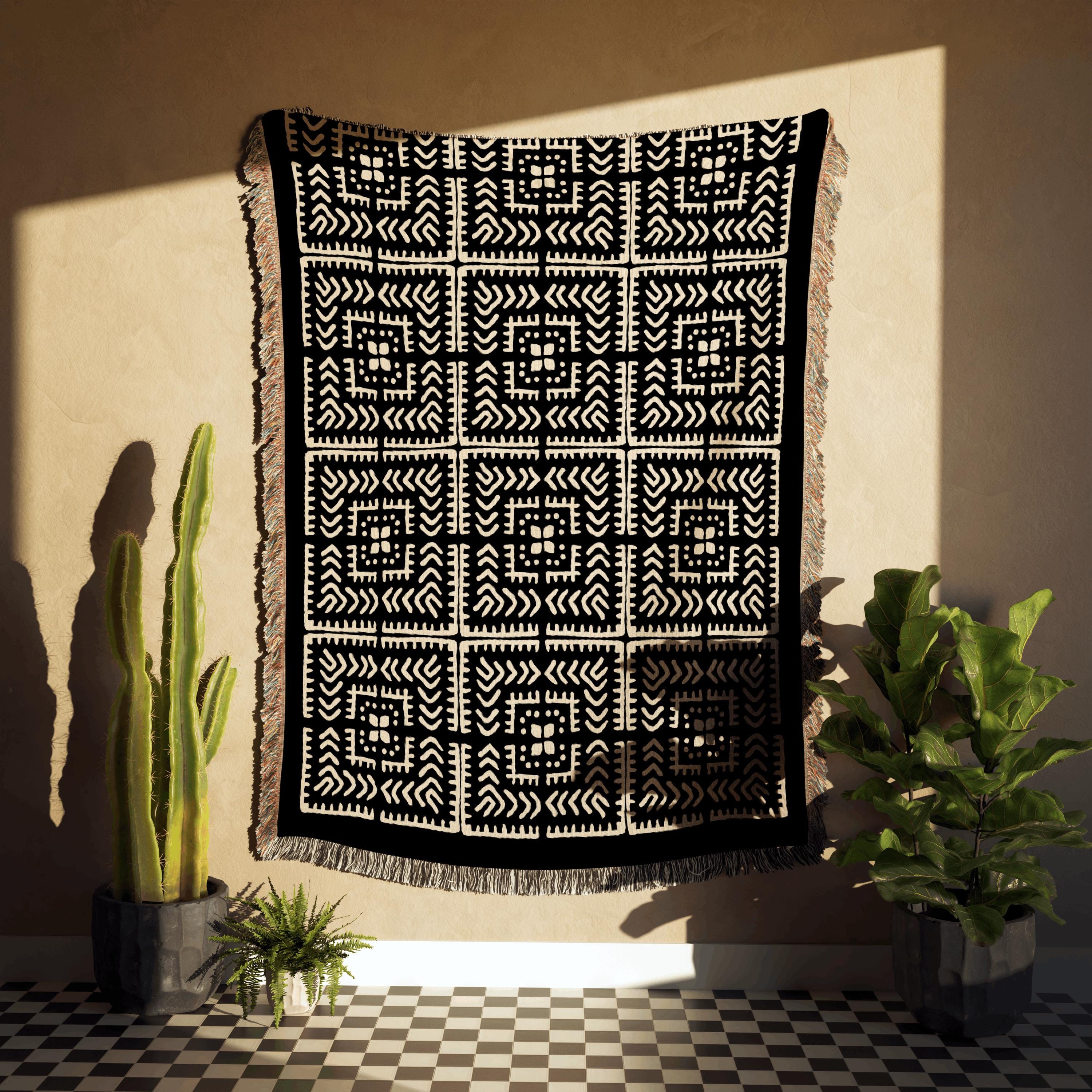 Black And Beige Intricate Motif Pattern Woven Cotton Throw Blankets