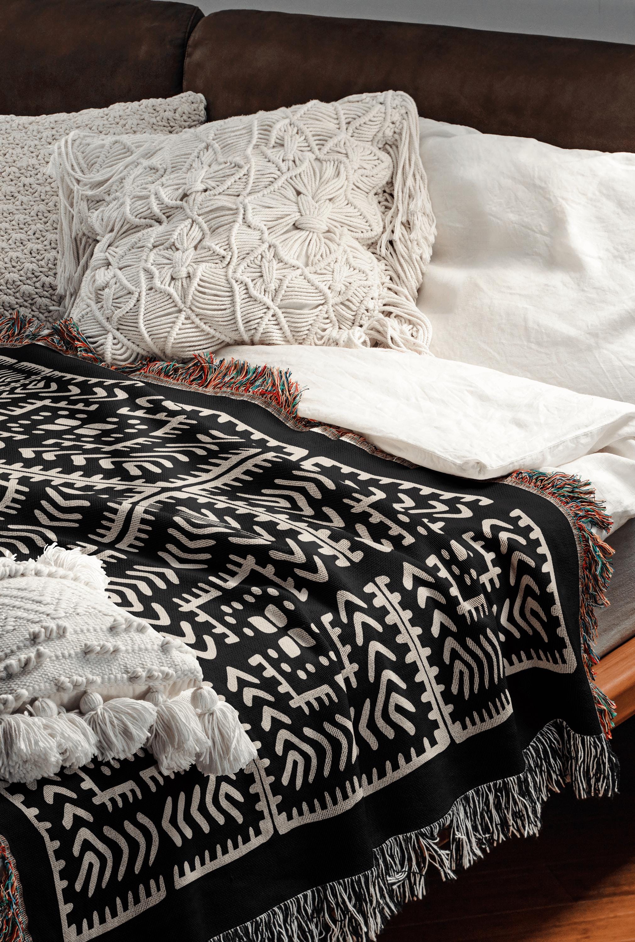 Black And Beige Intricate Motif Pattern Woven Cotton Throw Blankets