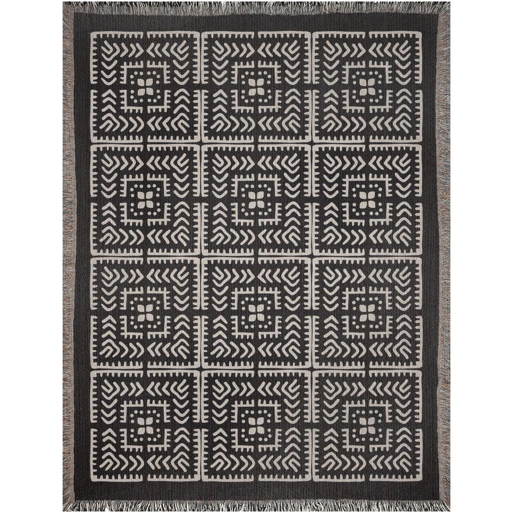 Black And Beige Intricate Motif Pattern Woven Cotton Throw Blankets
