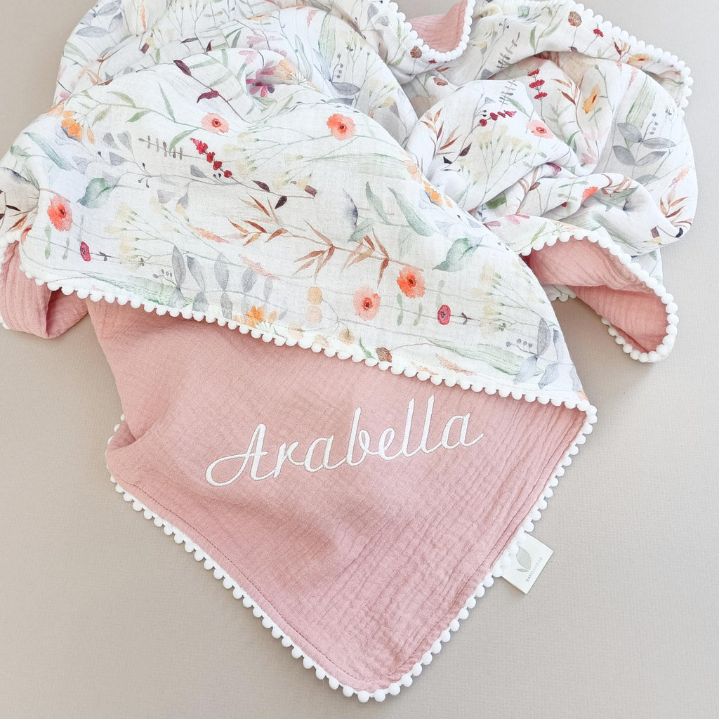 Wildflower Baby blanket, Personalized Organic Muslin Swaddle Blanket, Floral New Baby Girl Gift