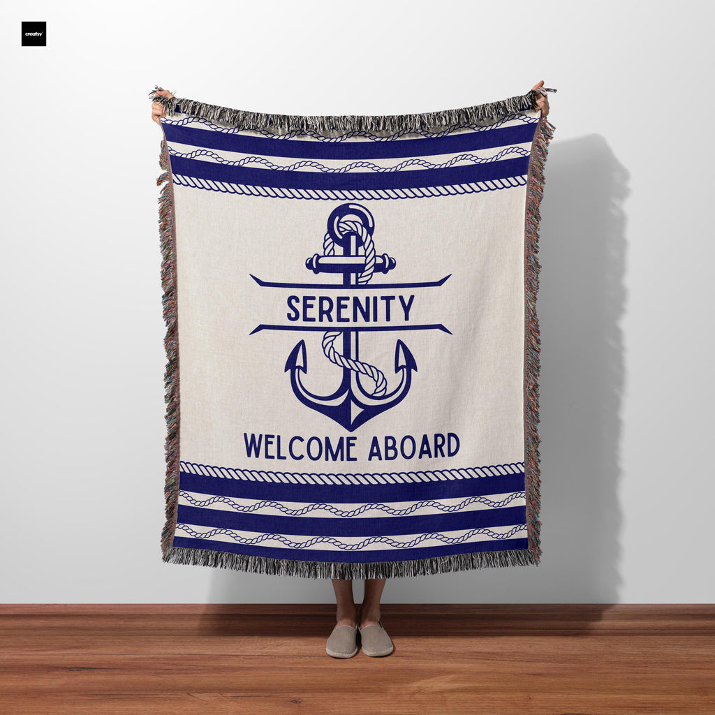 Personalized Boat Woven Blanket, Gift Boat Blanket 100% Cotton, Captain Gift or Boat Owner Decor, Welcome Aboard Woven Blanket Keepsake Gift