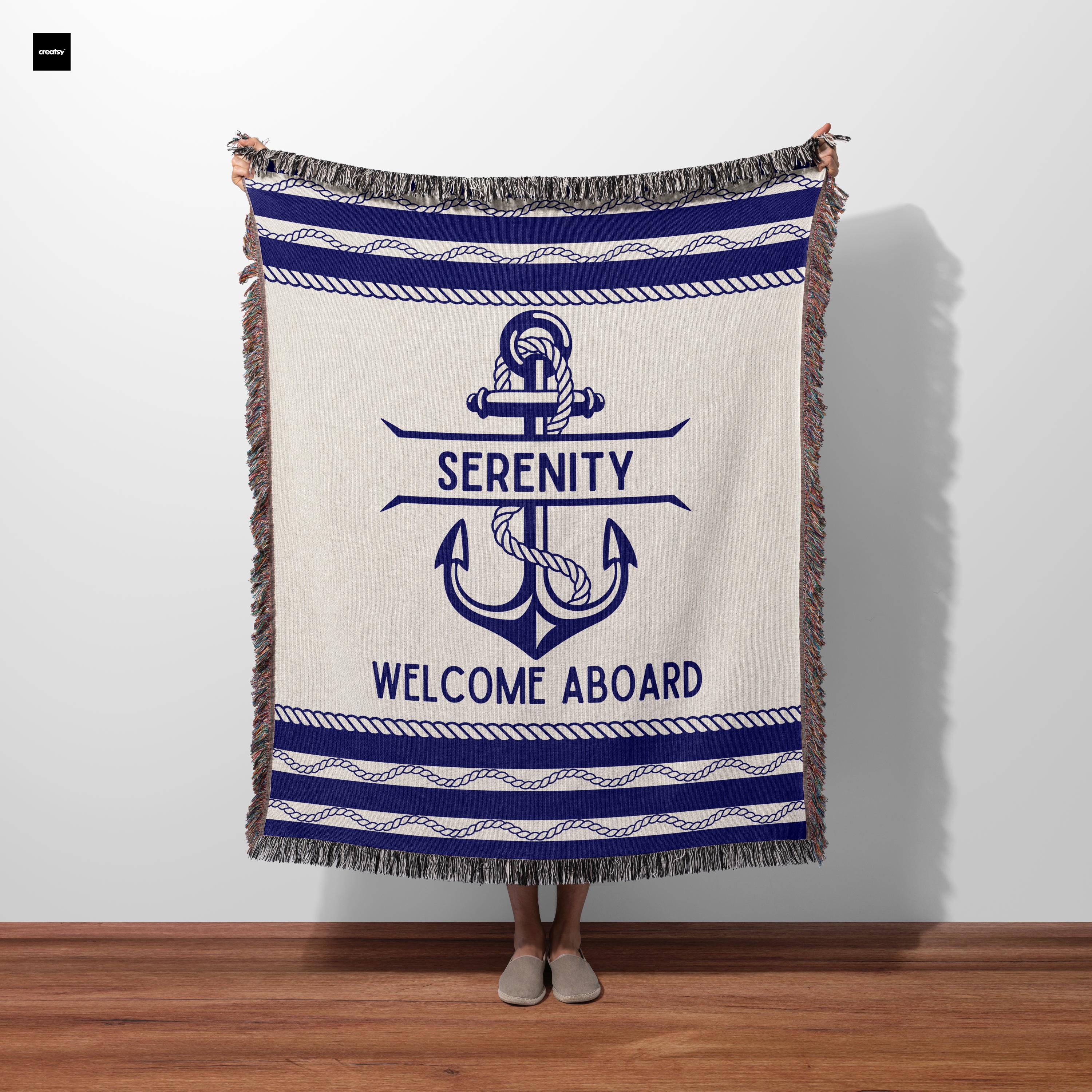 Personalized Boat Woven Blanket, Gift Boat Blanket 100% Cotton, Captain Gift or Boat Owner Decor, Welcome Aboard Woven Blanket Keepsake Gift