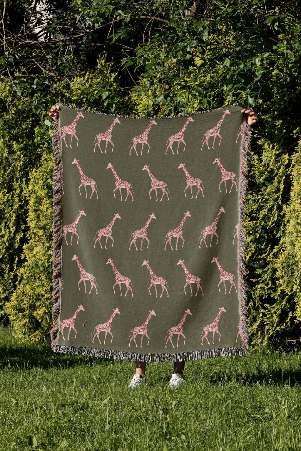 Cotton Woven Blanket, Giraffe Parade, Blush Pink on Army Green, Safari Animals, Kids Room, Baby Nursery Decor, Animal Print, Fringe Throw